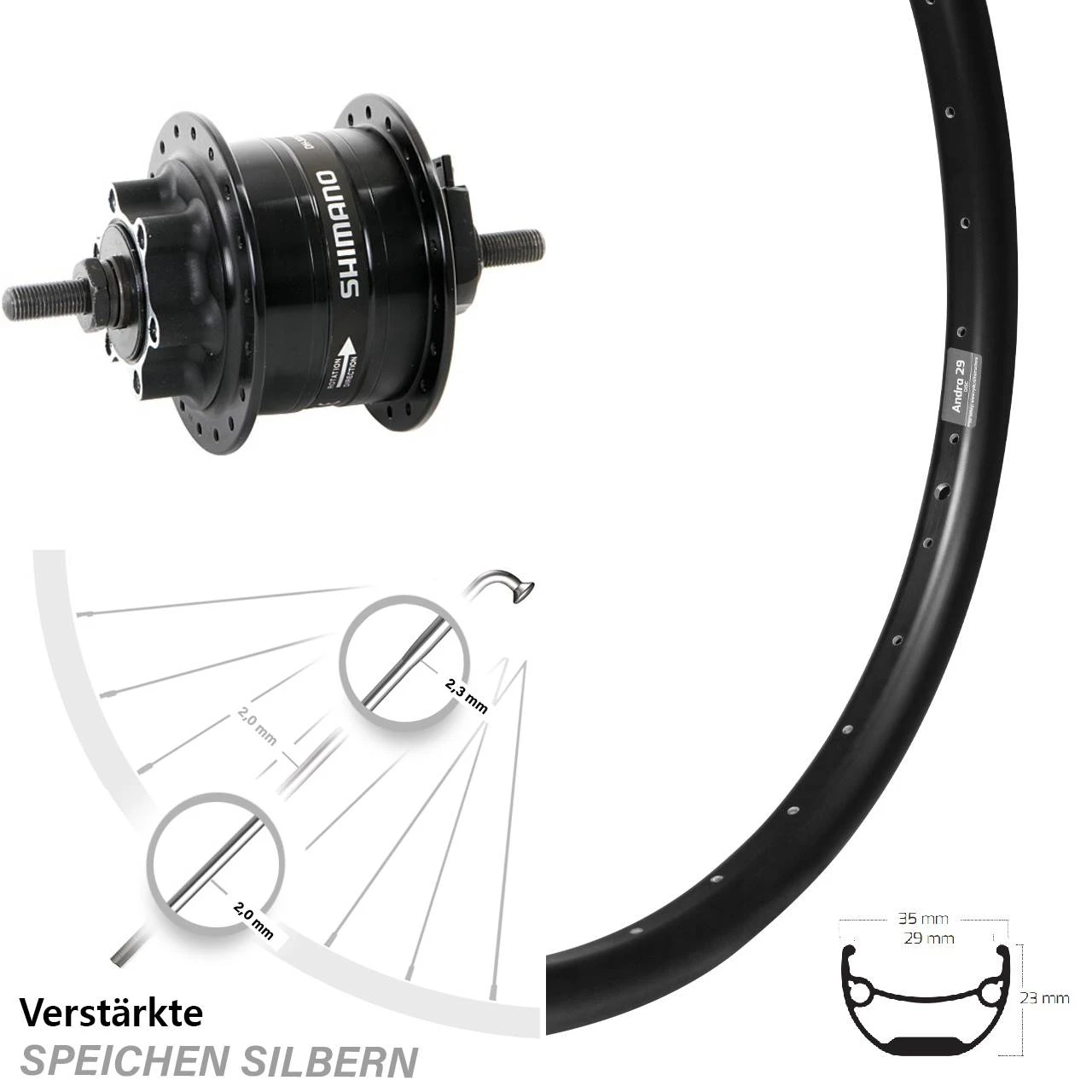 24 Zoll Vorderrad Ryde Andra 29 Disc Mit Shimano DH-3D32 Nabendynamo Schwarz
