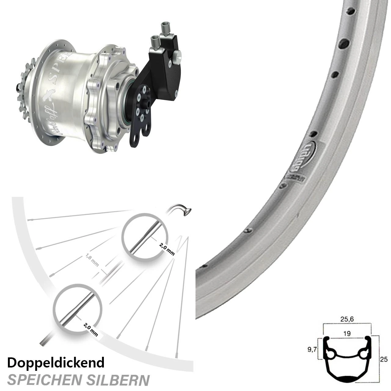 Ryde Andra 10 Hinterrad 28 Zoll Mit Rohloff Speedhub CC DB Silbern