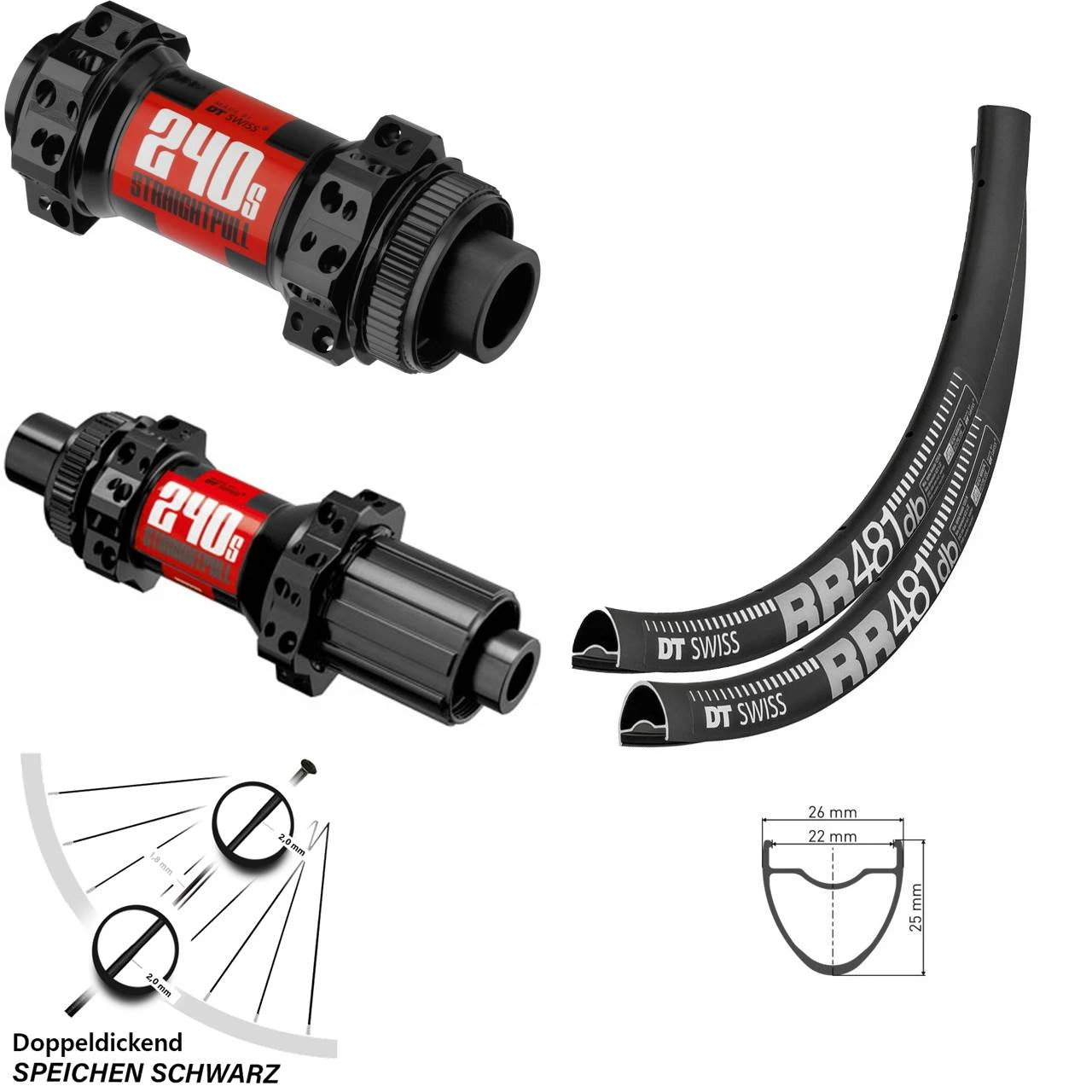 Dt-swiss RR 481 DT Swiss 240s Straightpull 24/28 Speichen Steckachse Road 11- Fach Laufradsatz