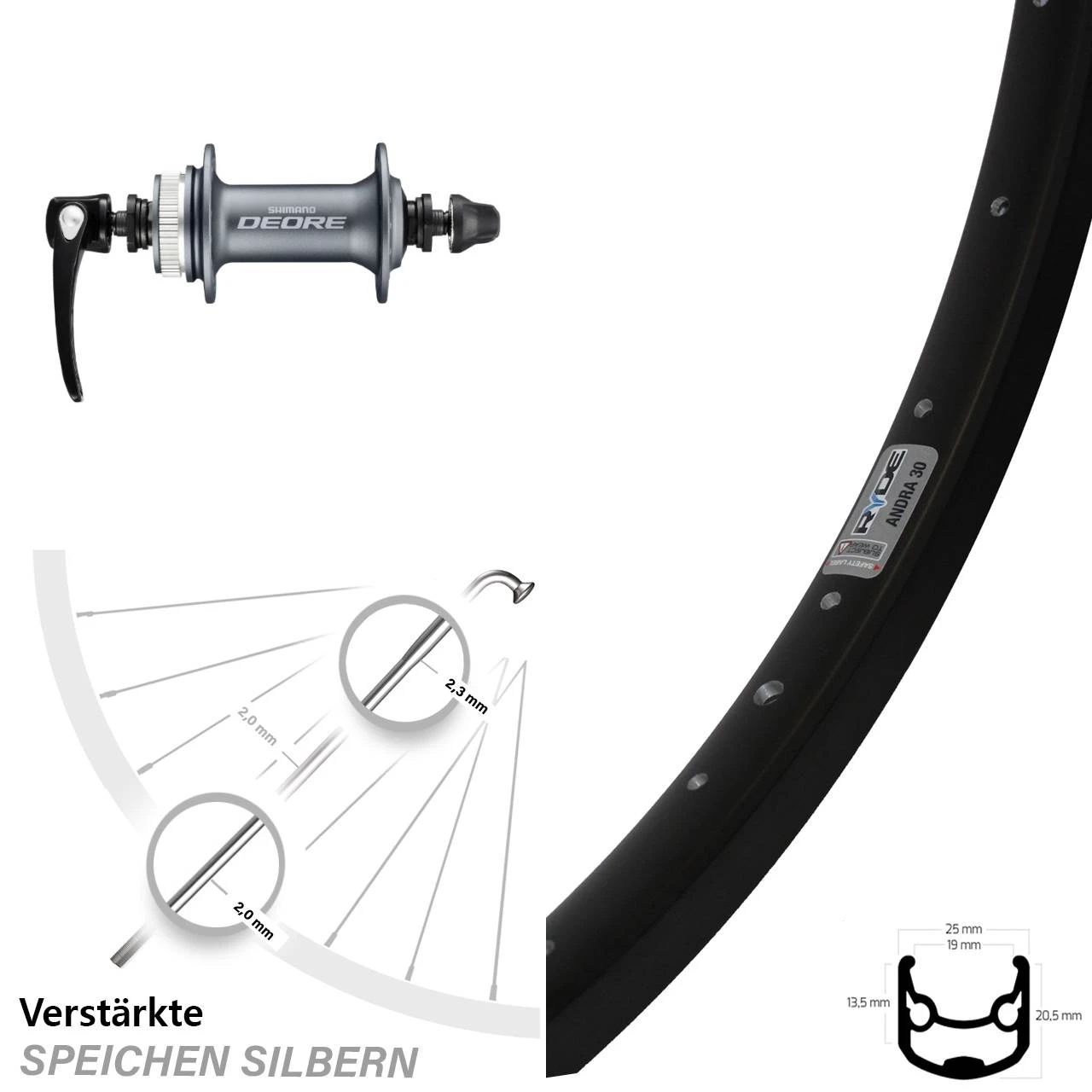 26 Zoll Vorderrad Shimano Deore HB-M615 Silbern Ryde Andra 30 Disc Centerlock