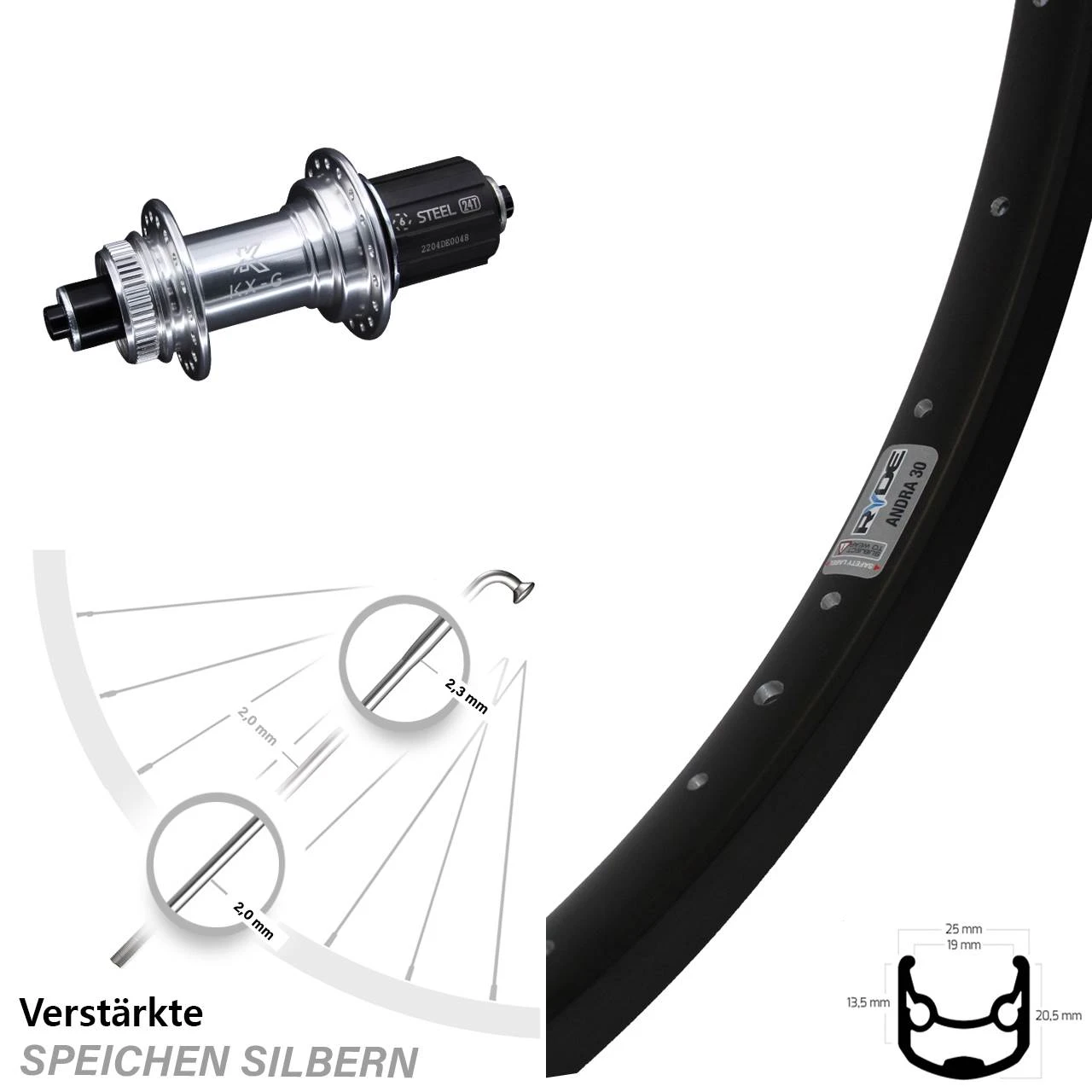 Ryde Andra 30 Disc Hinterrad 26 Zoll Mit KX-GS Silbern Eloxiert Centerlock Nabe