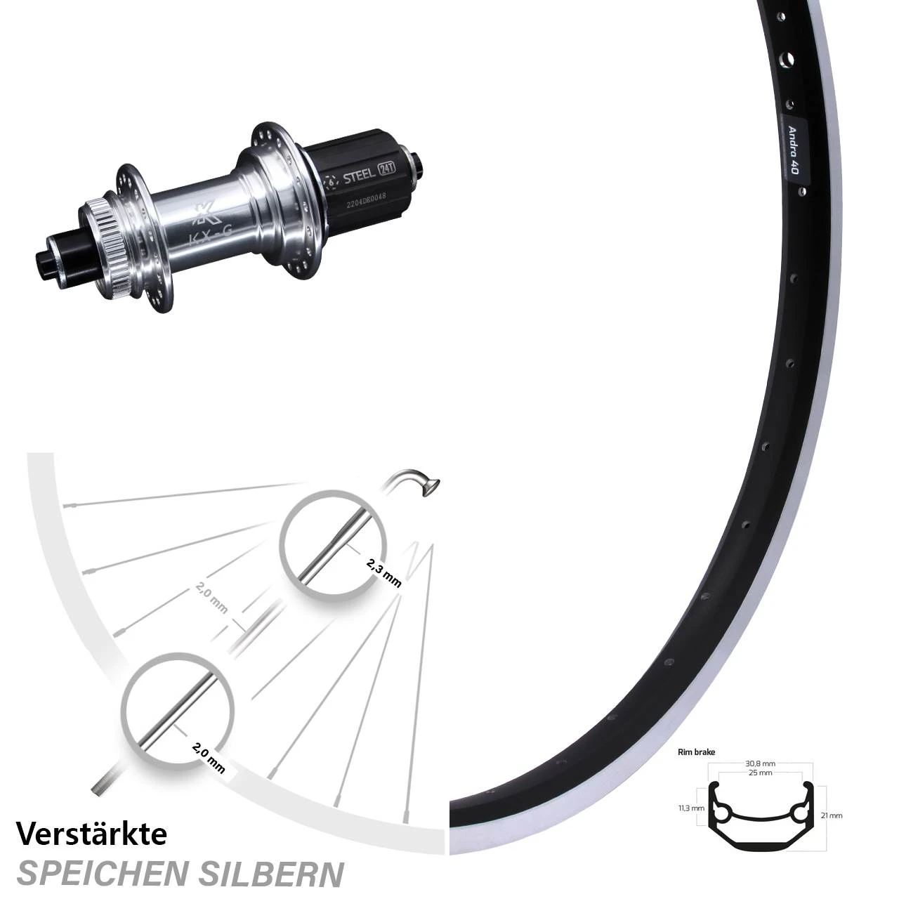 Ryde Andra 40 Hinterrad 28 Zoll Mit KX-GS Silbern Eloxiert 5x135 Mm Centerlock Nabe