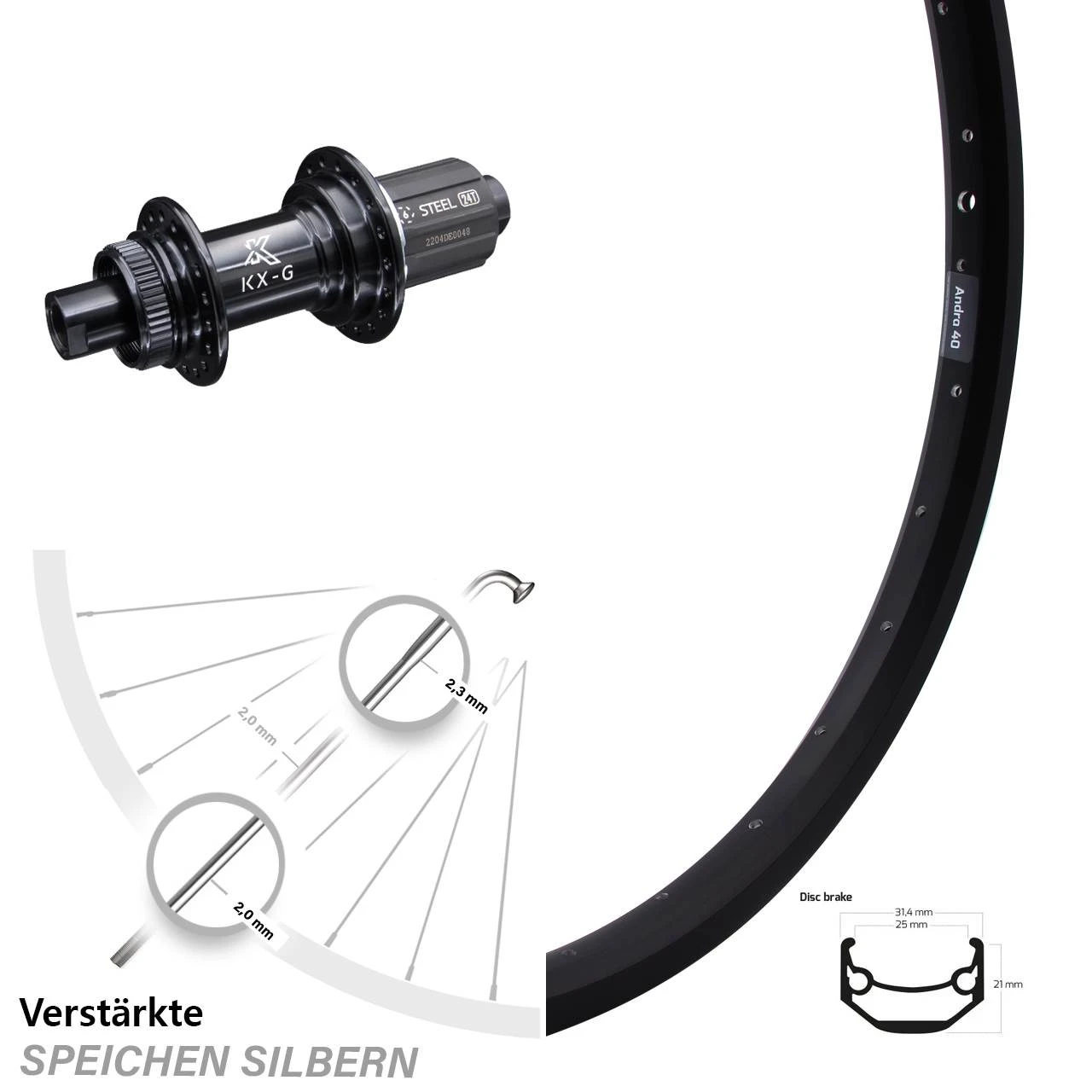 Hinterrad 26 Zoll Ryde Andra 40 Disc Centerlock KX-G/S Schwarz Steckachse