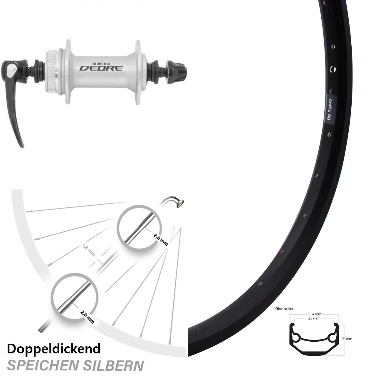 28-29 Zoll Vorderrad Ryde Andra 40 Disc Mit Shimano Deore HB-M595