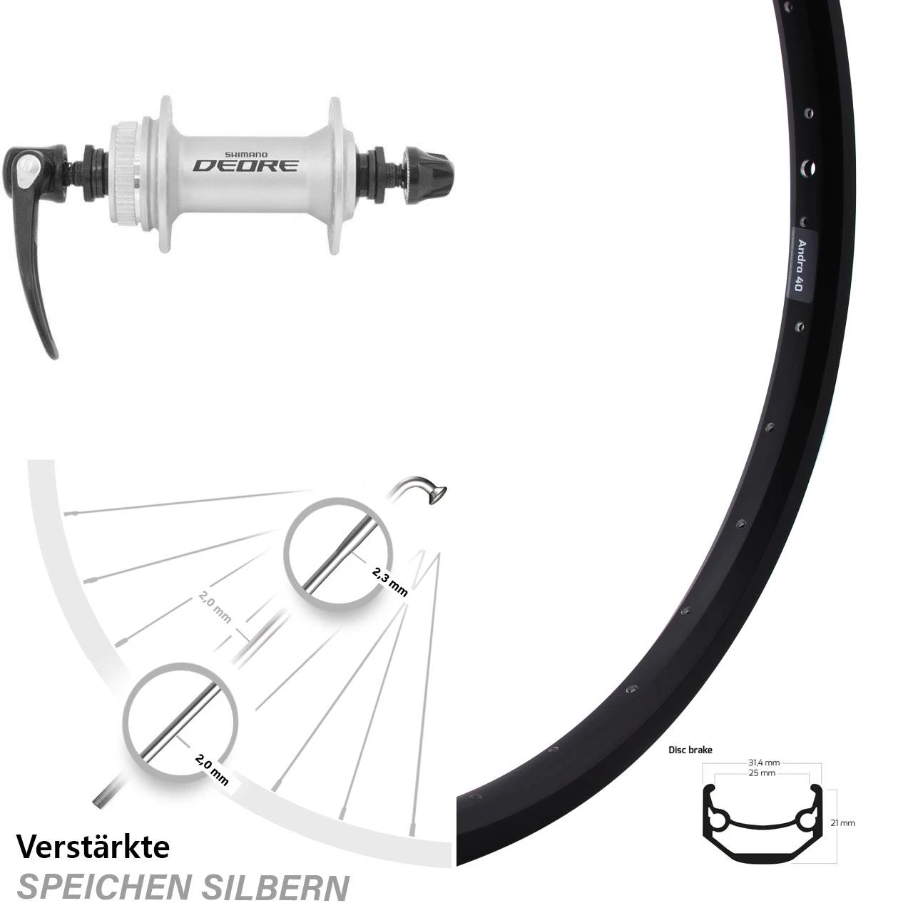 Ryde Andra 40 Disc Vorderrad 24 Zoll Mit Shimano Deore HB-M595 Nabe Silbern