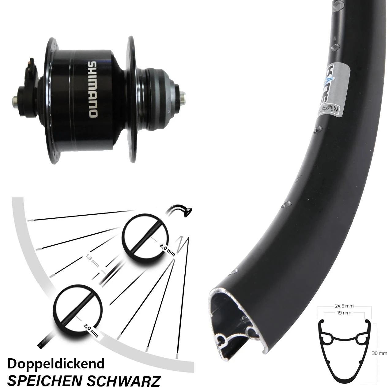 Shimano DH3D72 Ryde Dutch 19 Scheibenbrems-Vorderrad 28 Zoll Schwarz