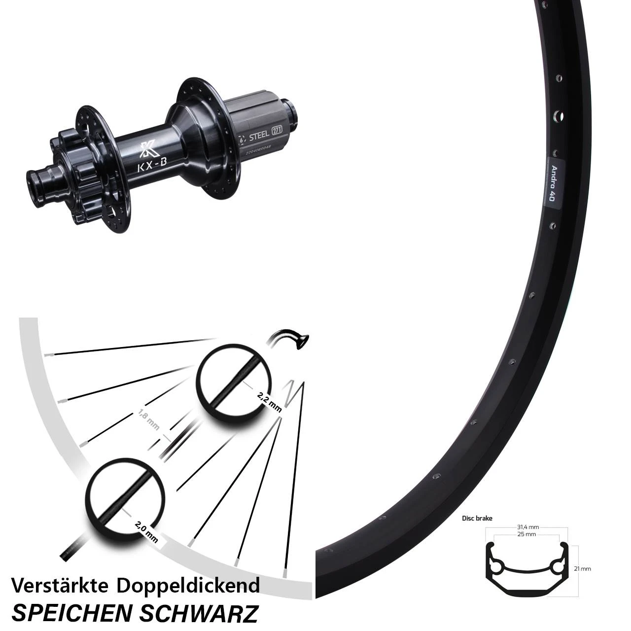Hinterrad Ryde Andra 40 Disc 29 Zoll E-Bike KX-B Boost 12x148 Mm 6-loch 11-fach