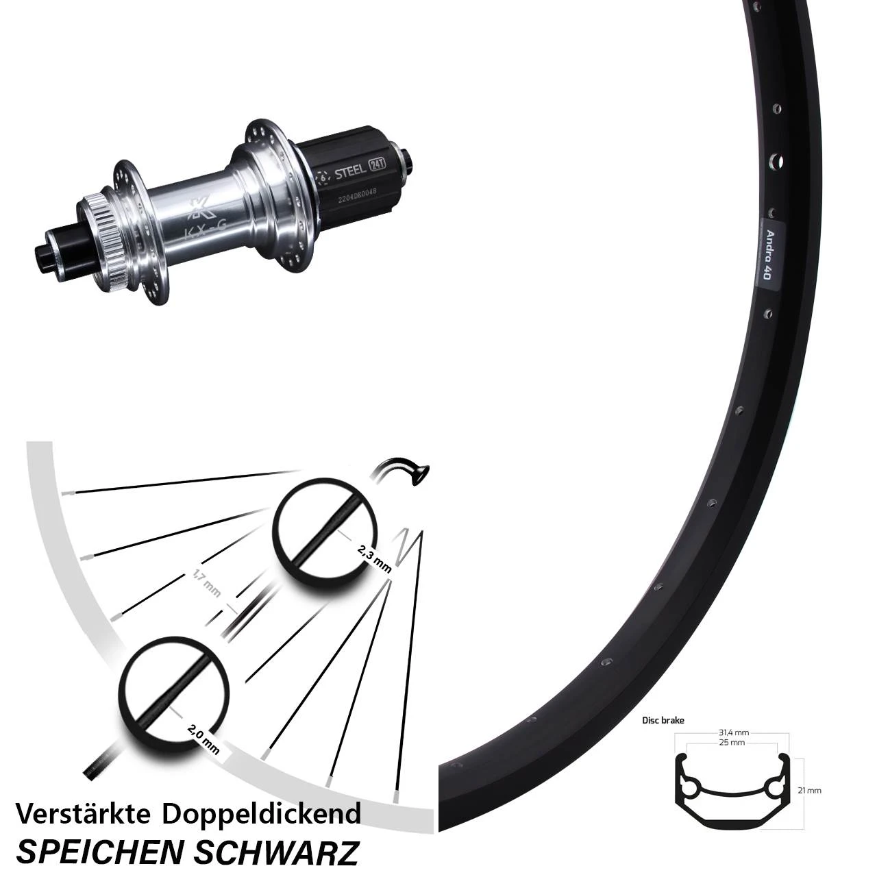 28-29 Zoll Hinterrad Ryde Andra 40 Disc KX-GS Centerlock Nabe Silbern Eloxiert VerstÀrkt