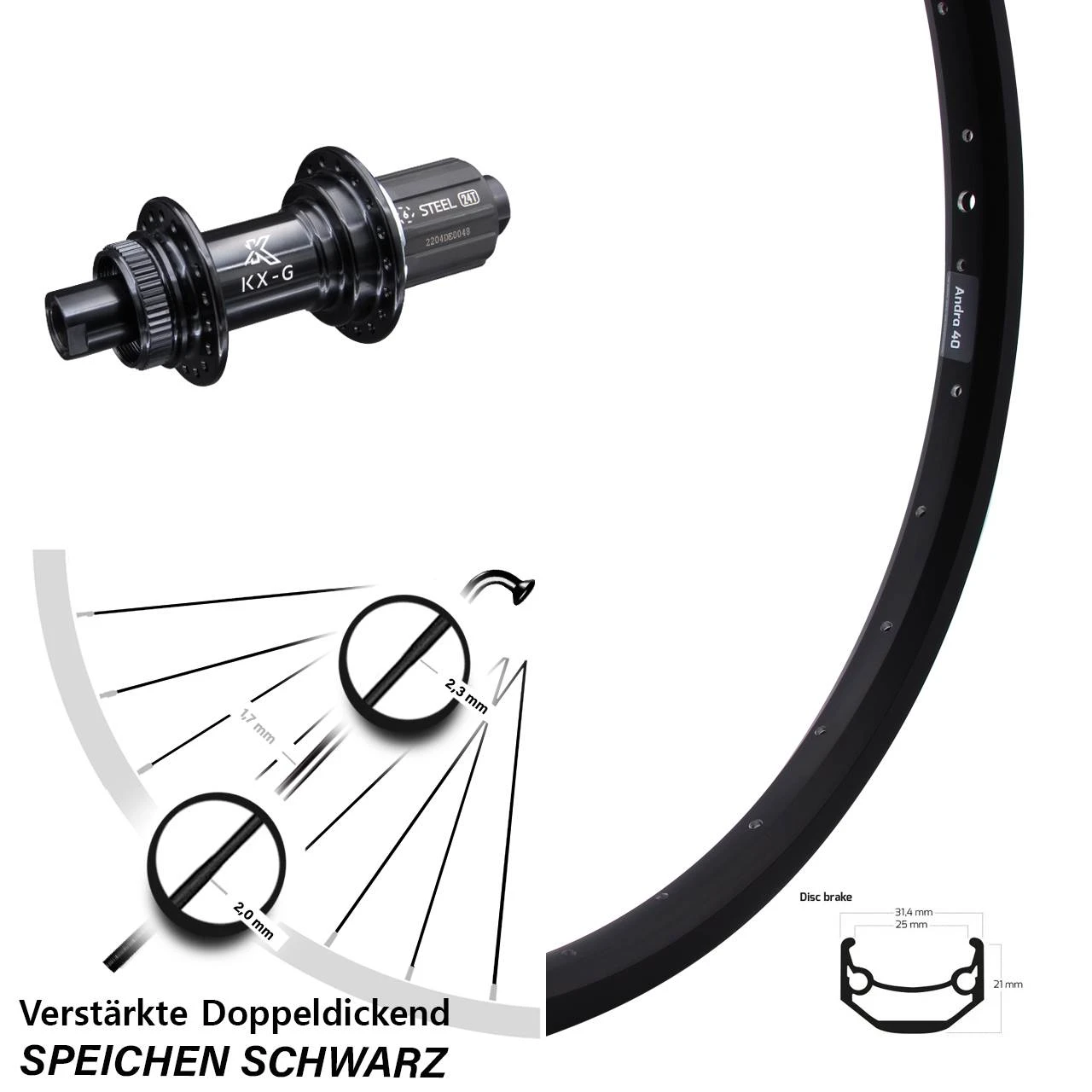 26 Zoll Hinterrad Ryde Andra 40 Disc Mit KX-GS 12x142 Mm Centerlock Nabe