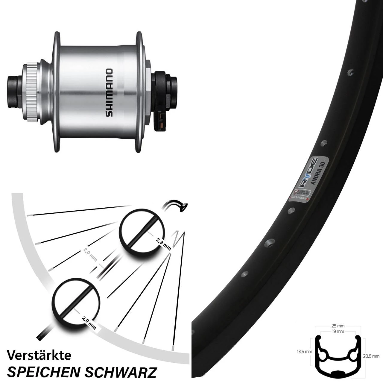 Nabendynamo Vorderrad Shimano DH-UR708-3D Ryde Andra 30 Disc 28-29 Zoll Centerlock