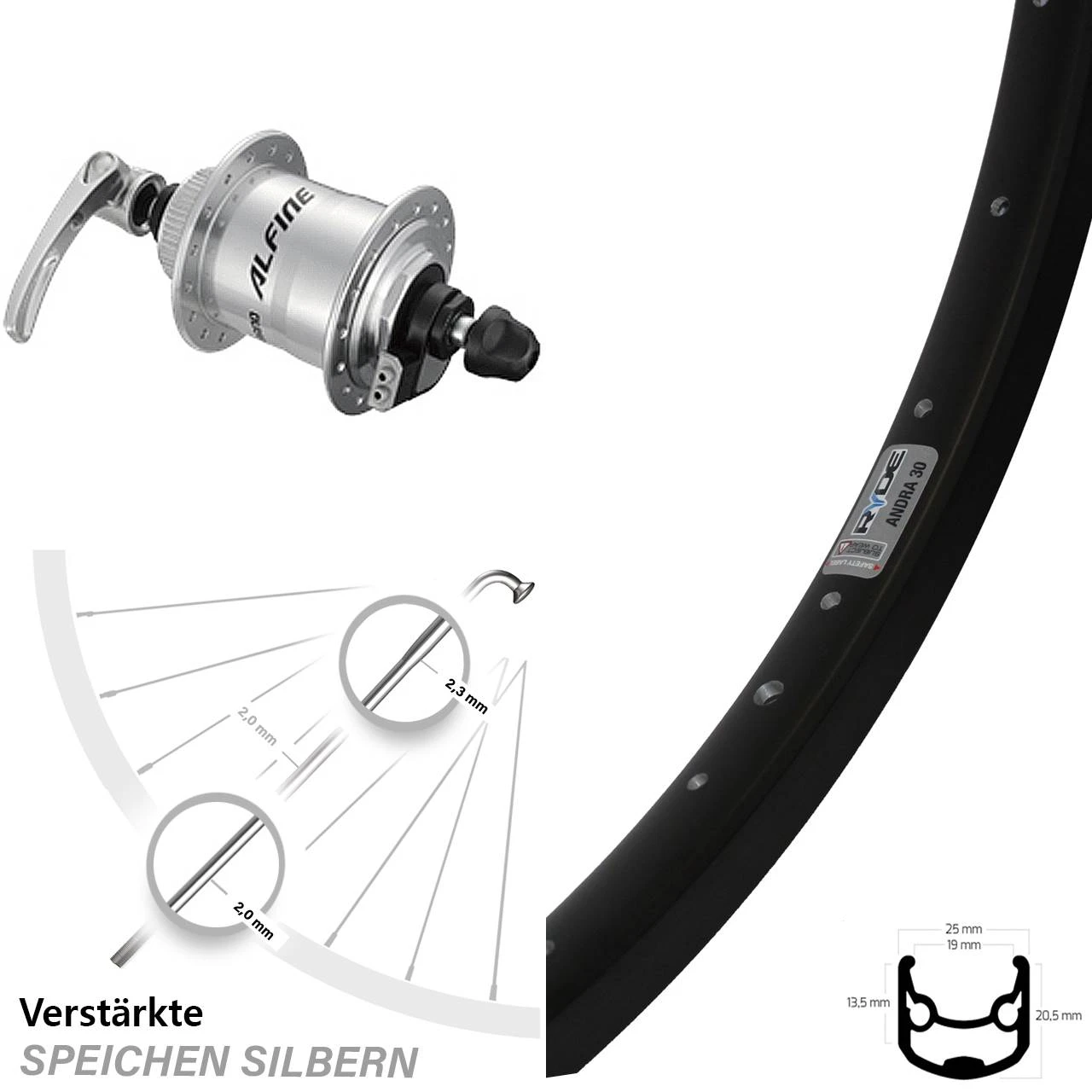 Vorderrad 26 Zoll Ryde Andra 30 Disc Shimano Alfine Centerlock