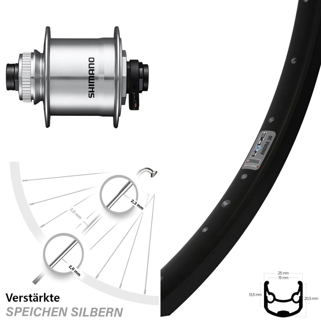 Nabendynamolaufrad Shimano DH-UR708-3D Steckachse Ryde Andra 30 Disc 26 Zoll Centerlock