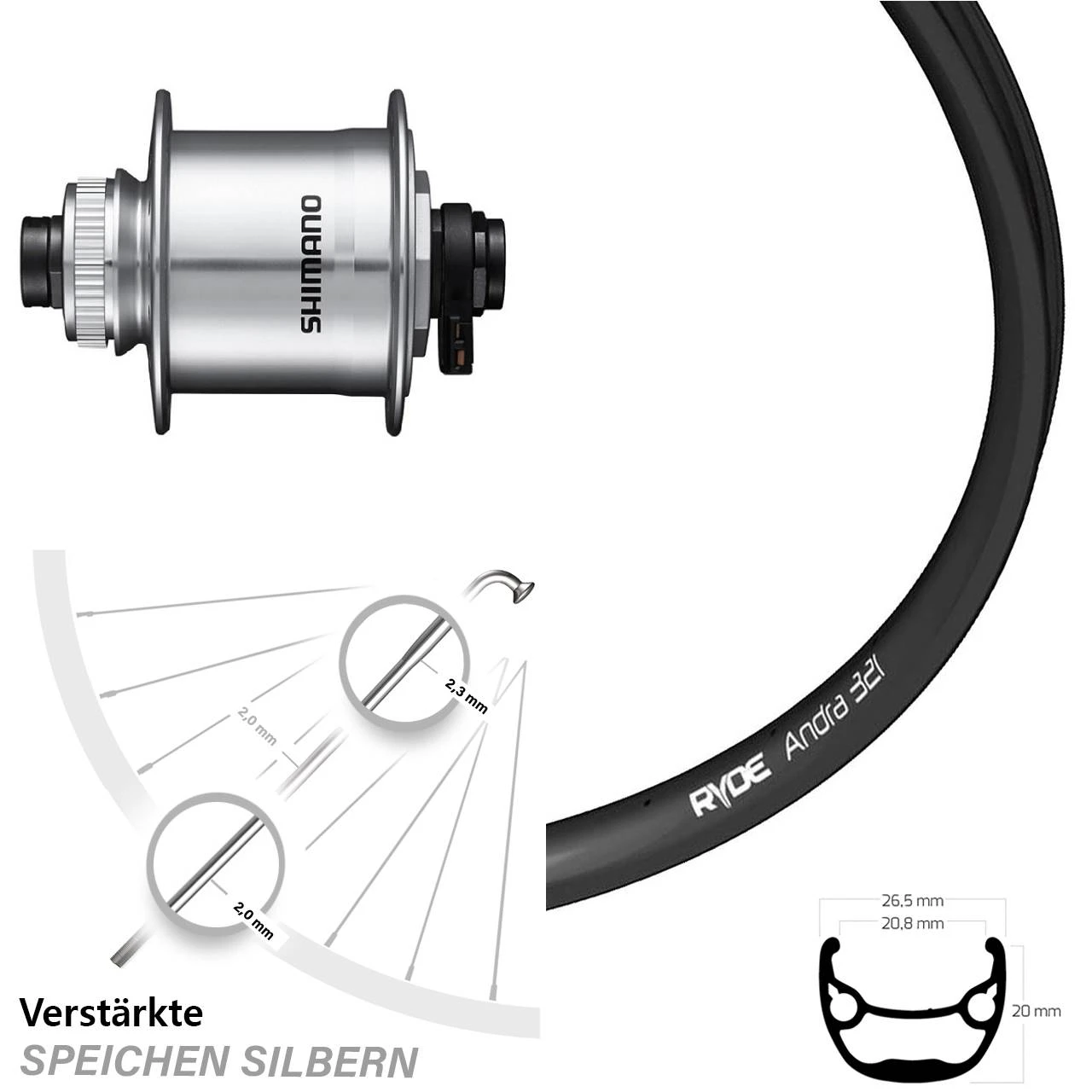28-29 Zoll Vorderrad Nabendynamo Ryde Andra 321 Shimano DH-UR708-3D 15x100 Mm
