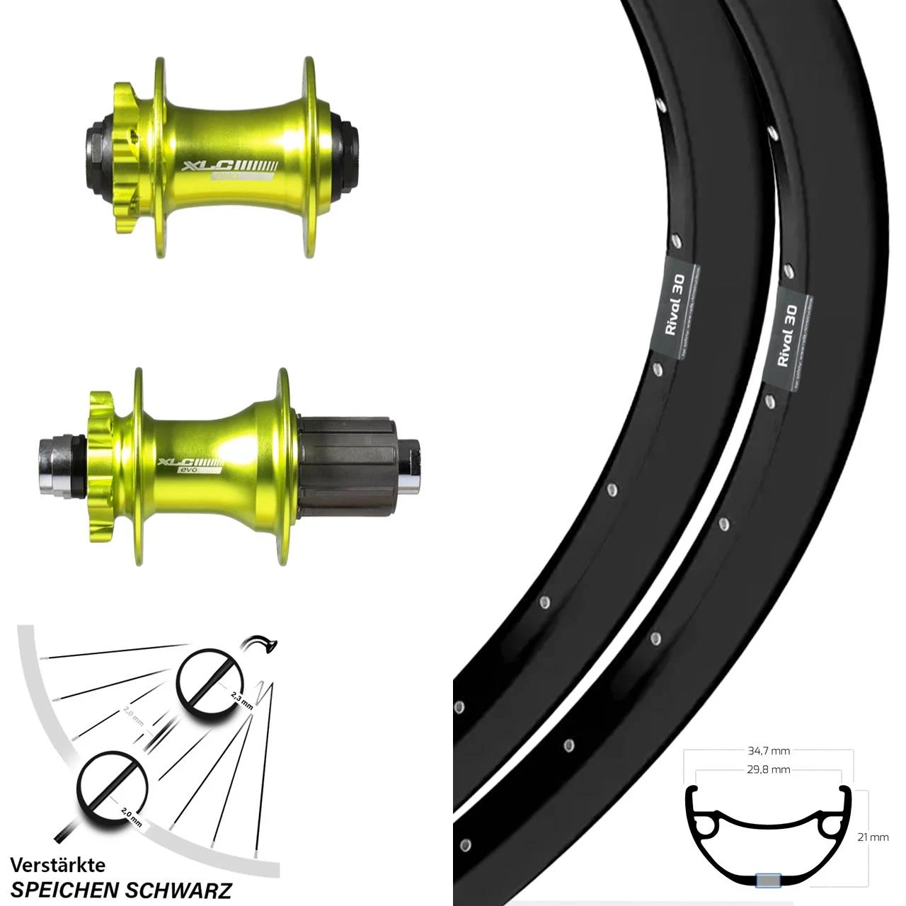 29 Zoll Laufradsatz Ryde Rival 30 Verstärkt XLC Nabe Grün Eloxiert Steckachse