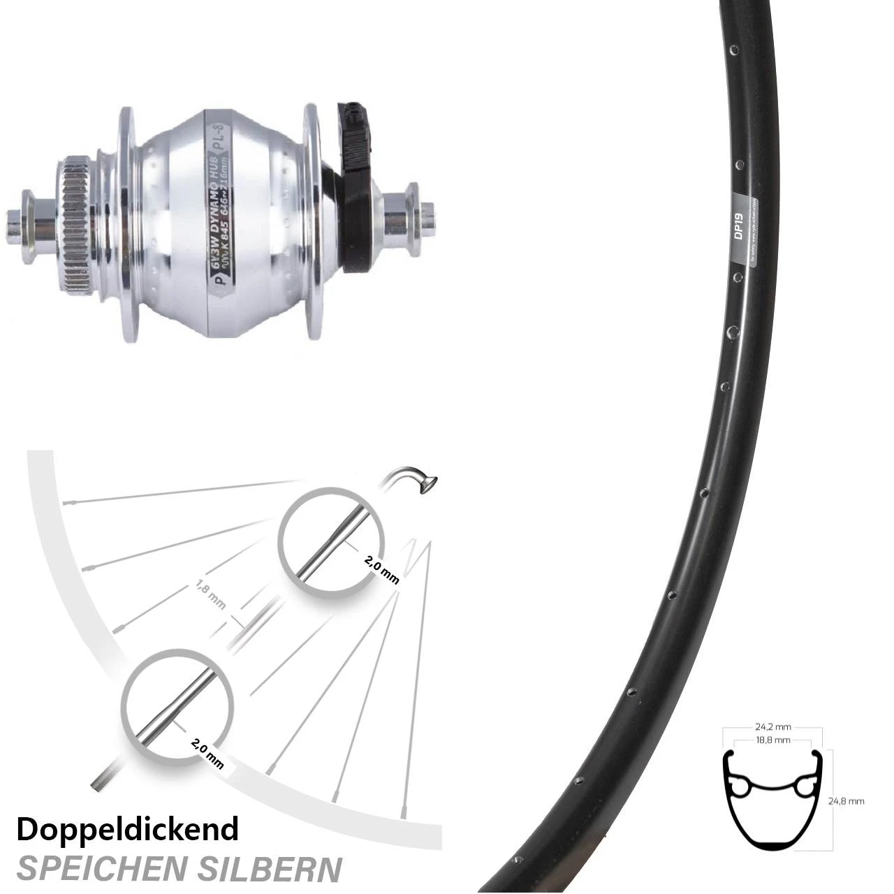 28 Zoll Nabendynamolaufrad Ryde DP 19 Shutter Precision PL-8 Centerlock Silbern