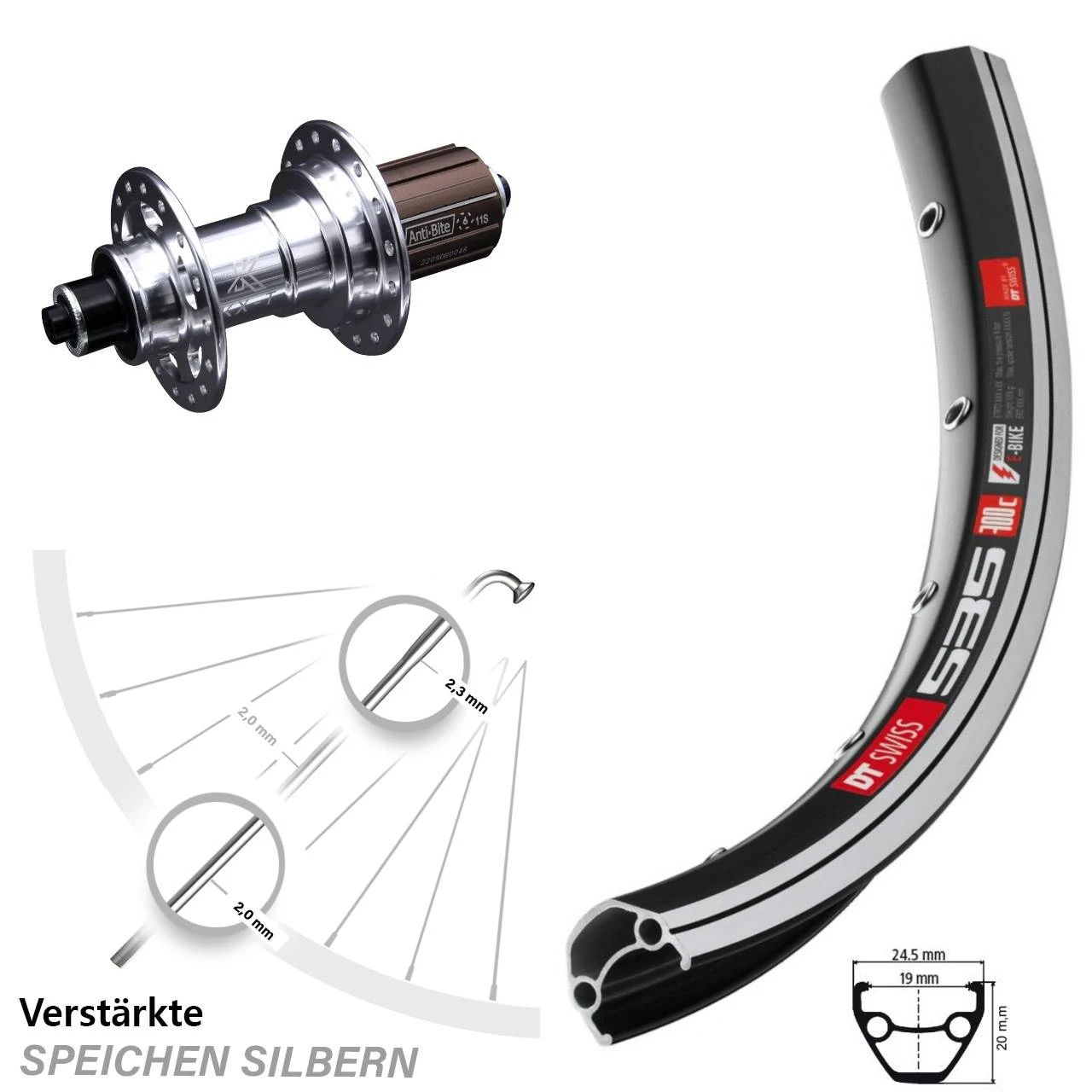 Dt-swiss 26 Zoll Hinterrad KX-T Nabe 130 Mm Mm Silbern Eloxiert DT Swiss 535
