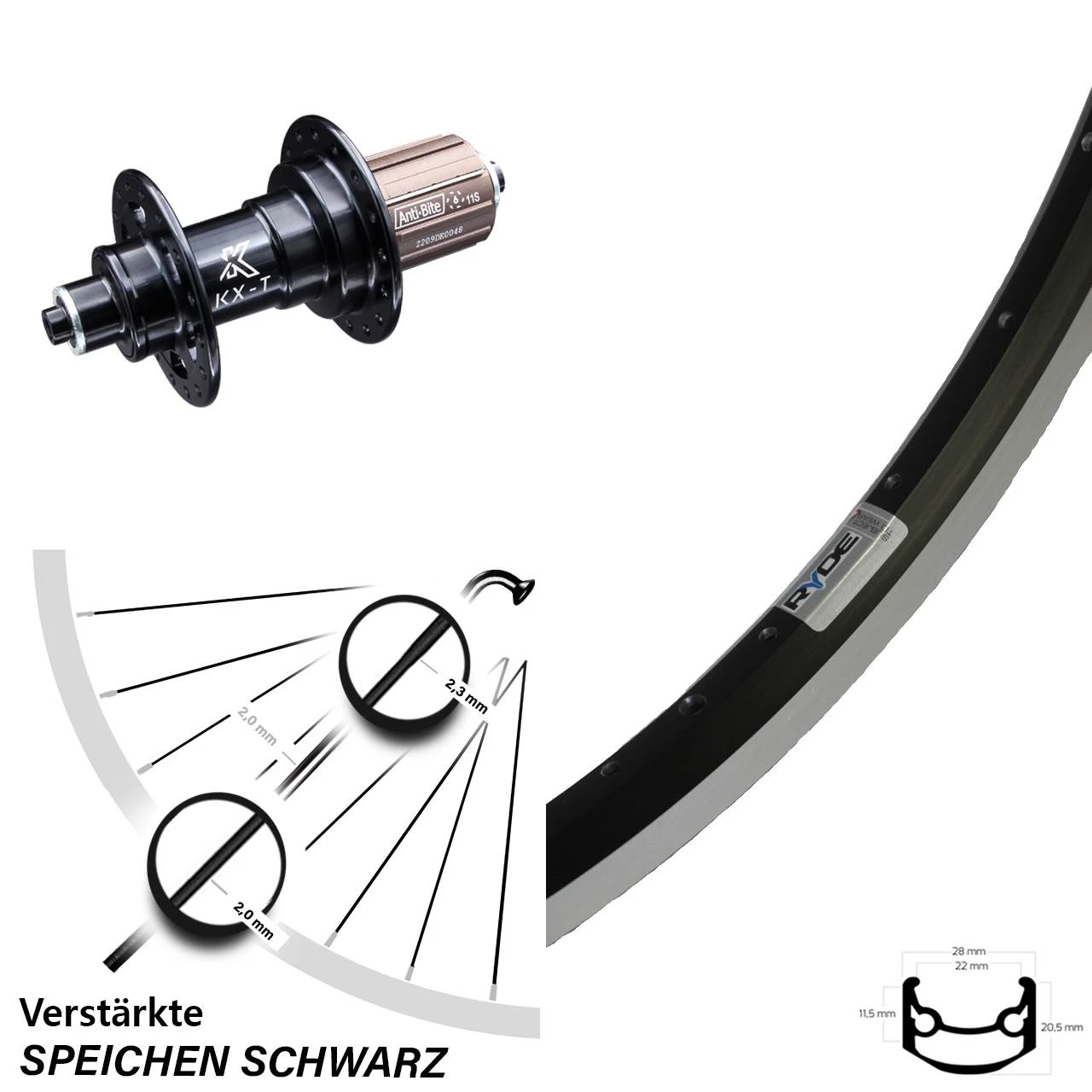 27,5 Zoll Hinterrad KX-T 130 Mm Schwarz Ryde Andra 35