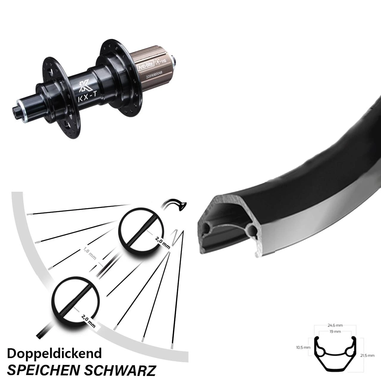 Hinterrad 26 Zoll Ryde ZAC 2000 Felgenbremse 7/11-fach KX-T Nabe Schwarz 135 Mm