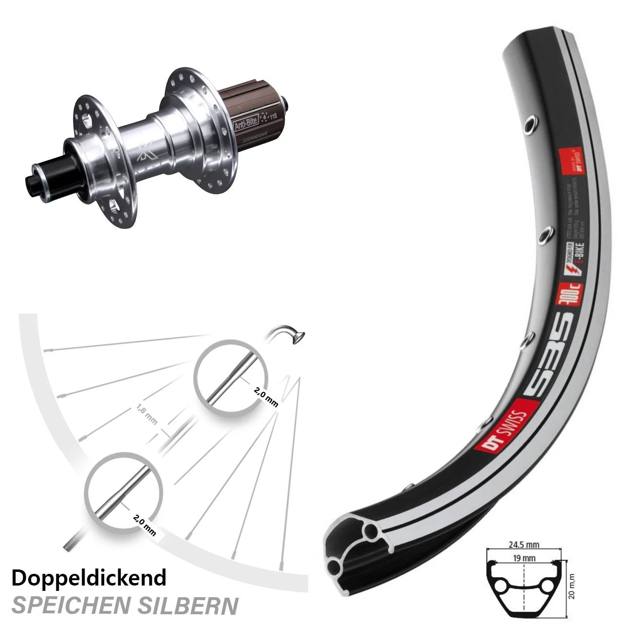Dt-swiss KX-T 135 Mm Silbern Eloxiert DT Swiss 535 Hinterrad 26 Zoll