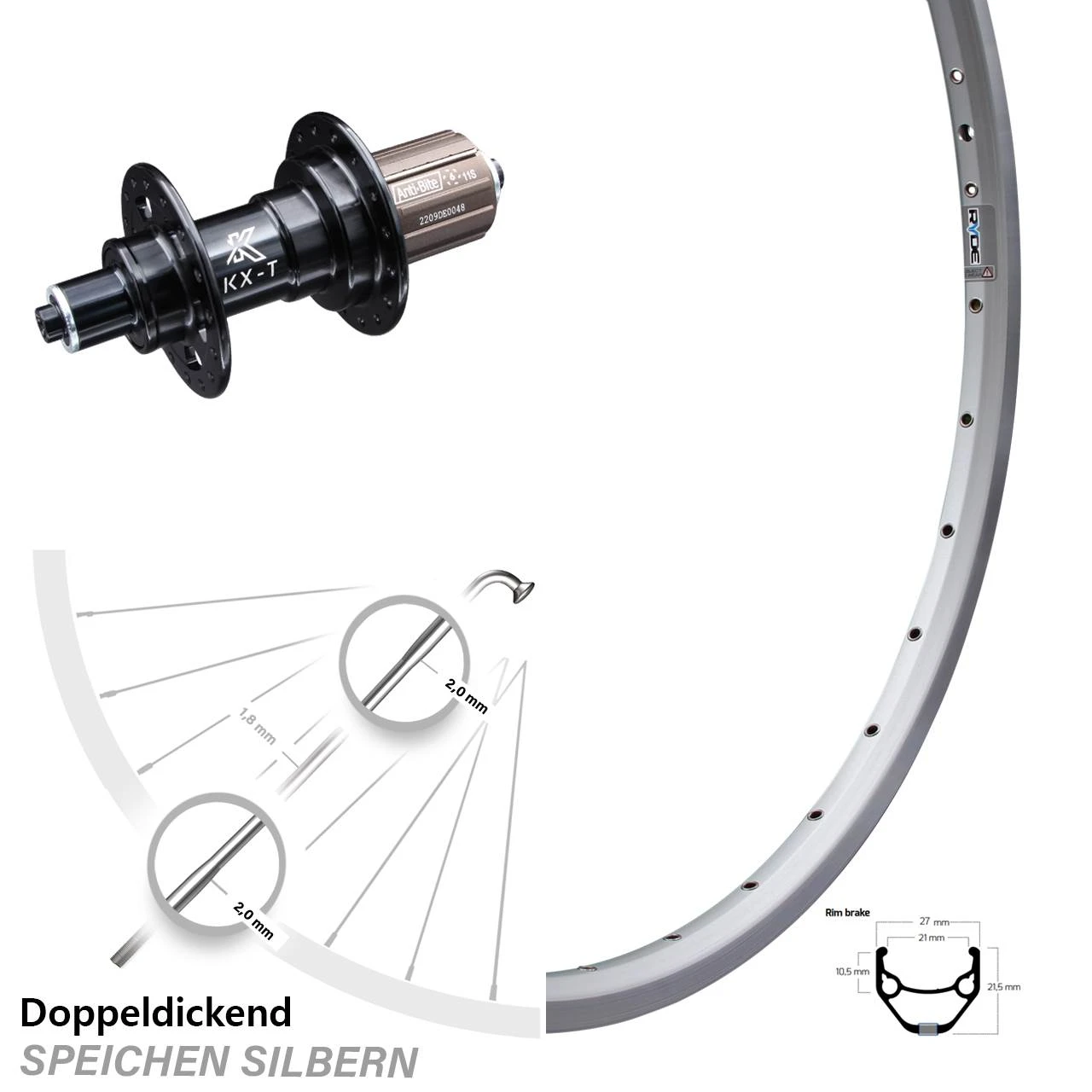 26 Zoll Hinterrad Ryde ZAC 421 KX-T 135 Mm Schnellspanner Felgenbremse