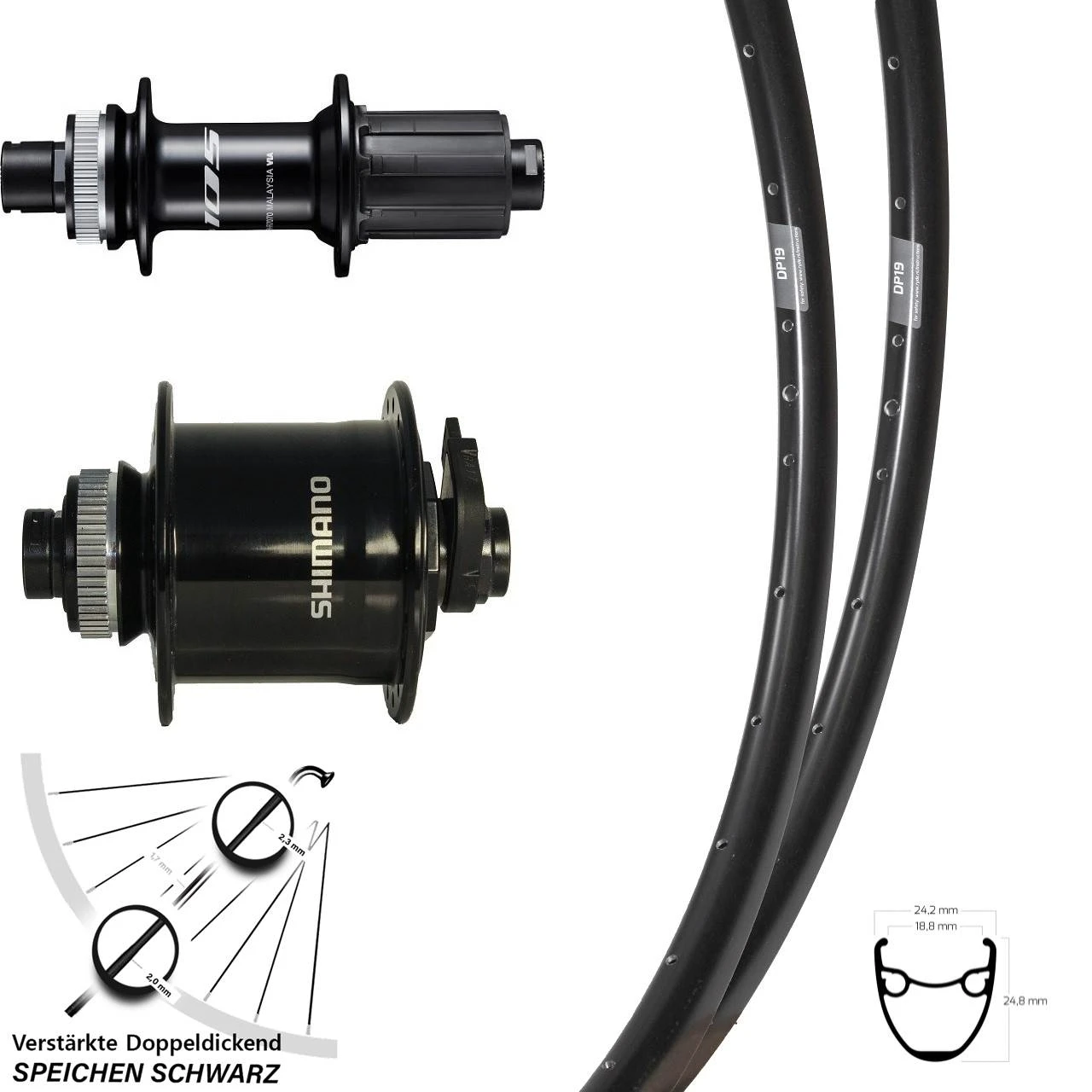 Ryde DP 19 Disc Laufradsatz 28 Zoll Shimano 105 Dynamo DH-UR705-3D Steckachse Centerlock
