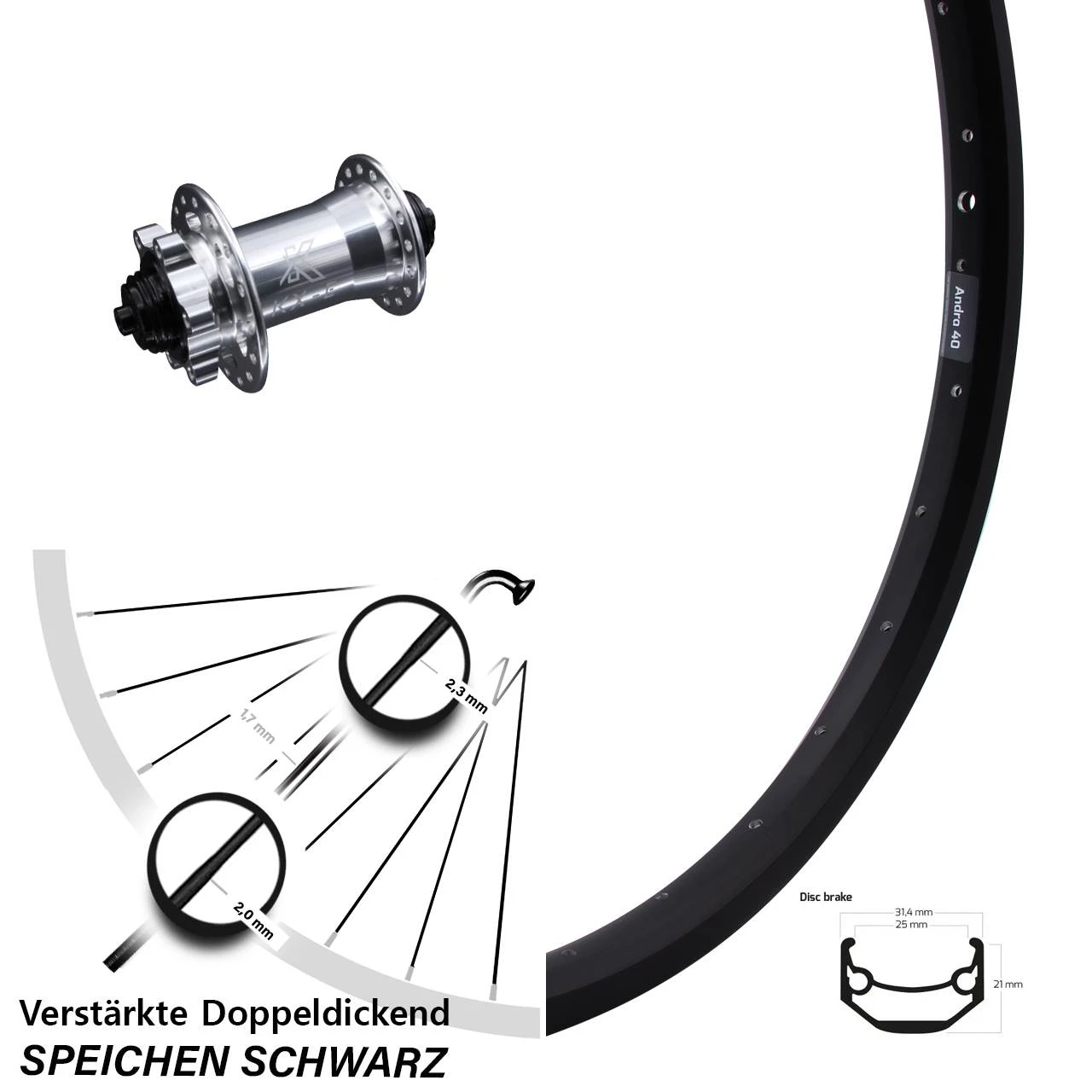 20 Zoll Vorderrad KX-E Nabe Silbern 5x100 Mm 6-loch Ryde Andra 40 Disc Für Schnellspanner