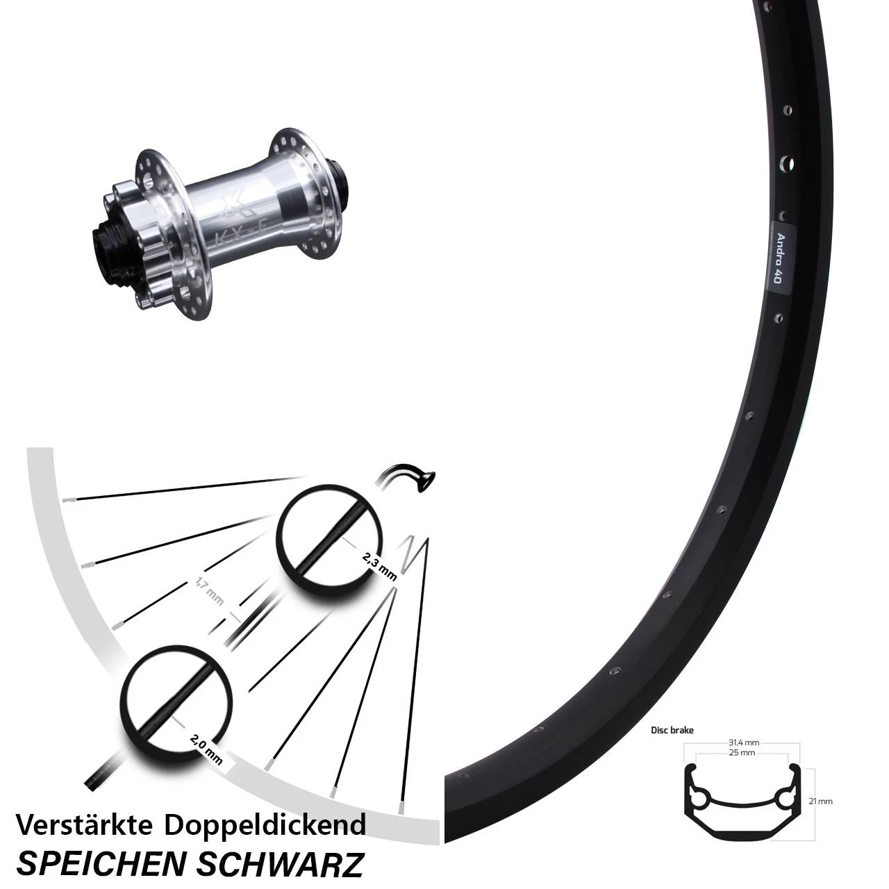 28/29 Zoll Vorderrad KX-E Nabe Silbern 15x100 Mm 6-loch Ryde Andra 40 Disc
