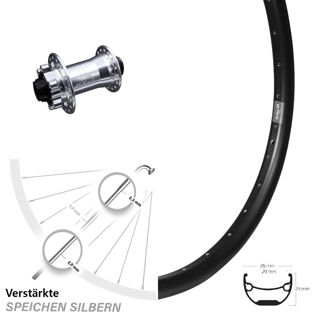 24 Zoll Vorderrad Ryde Andra 29 Mit KX-E Nabe Silbern 15x100 Mm 6-loch