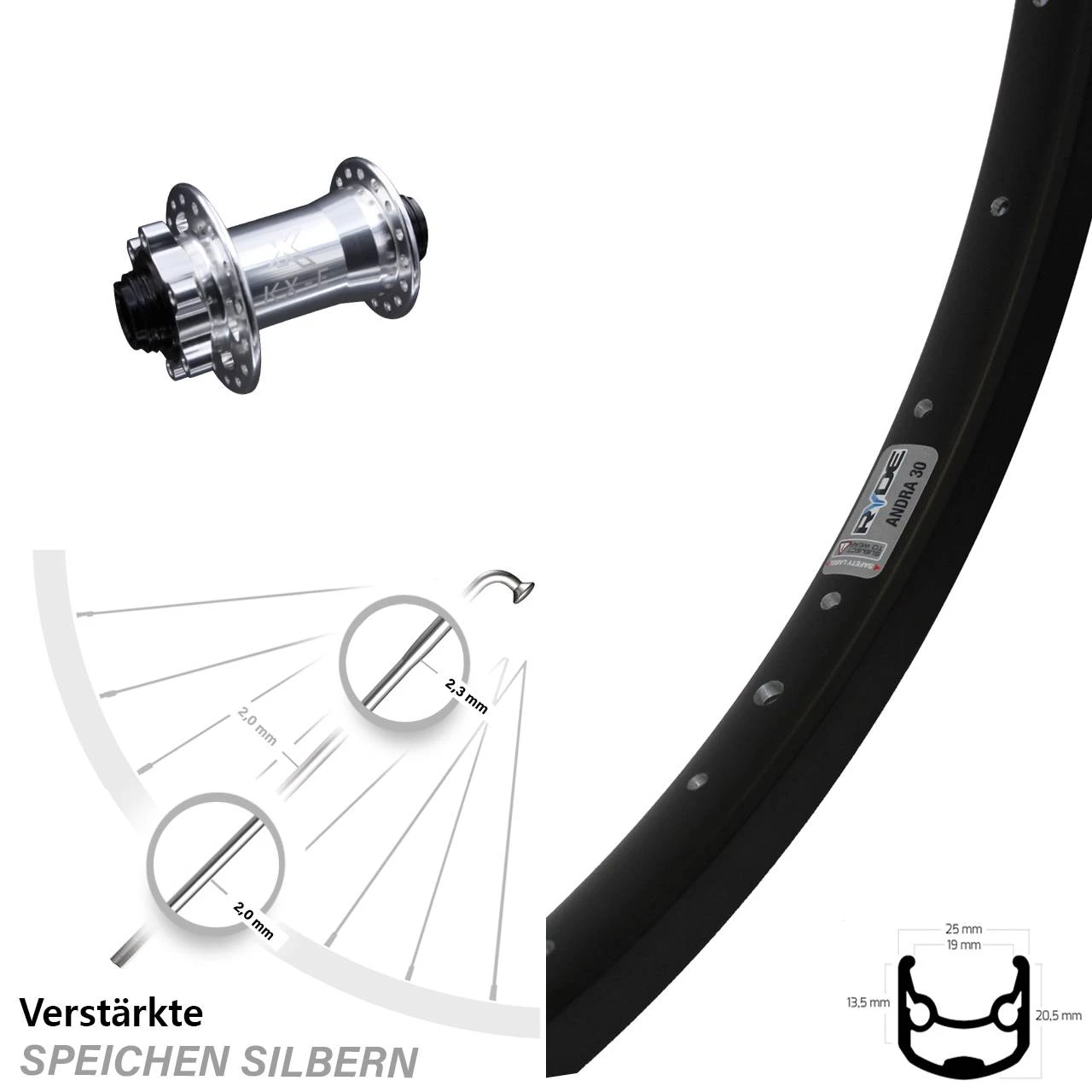 Ryde Andra 30 Disc Vorderrad 26 Zoll KX-E Silbern 15x100 Mm 6-loch