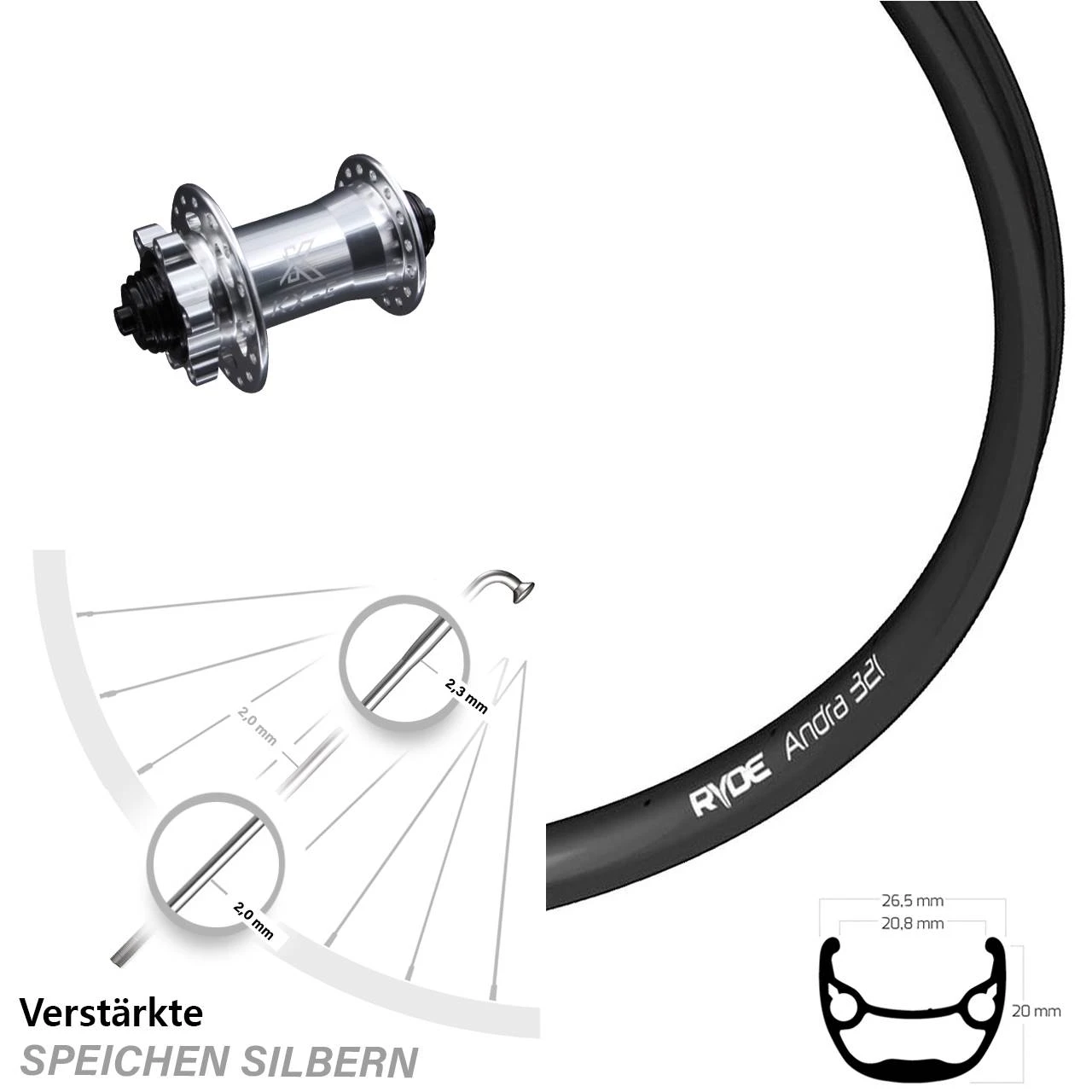 26 Zoll Vorderrad KX-E Silbern 5x100 Mm 6-loch Ryde Andra 321