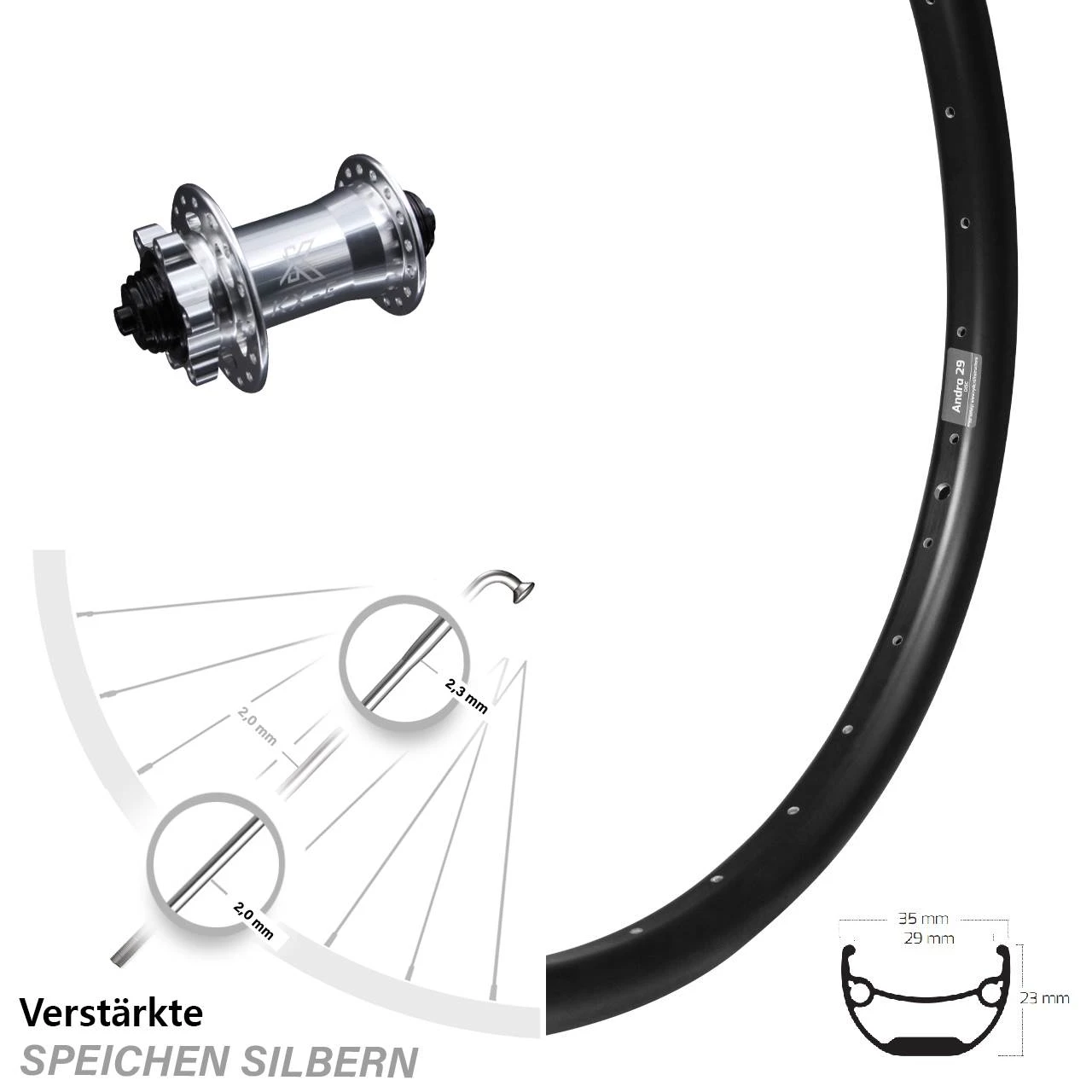 KX-E Nabe Silbern 5x100 Mm 6-loch Ryde Andra 29 Zoll Vorderrad