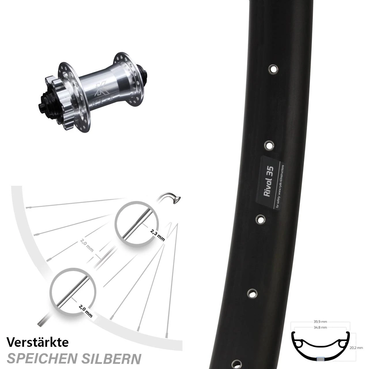 Vorderrad Ryde Rival 35 Disc KX-E 6-loch Nabe Silbern Schnellspanner