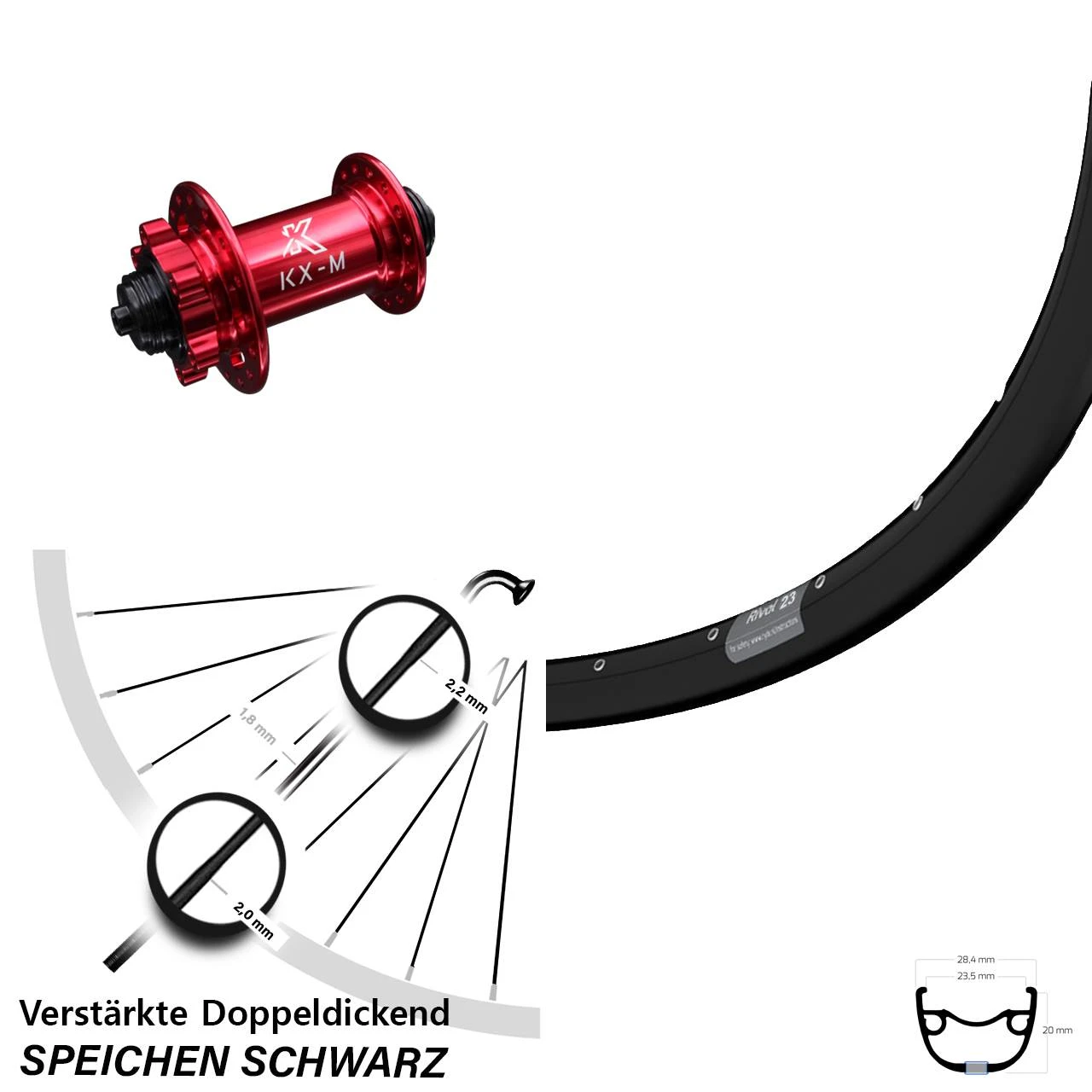 29 Zoll Vorderrad KX-M Nabe Rot-eloxiert 5x100 Mm Ryde Rival 23-622 ETRTO VerstÀrkt 6-Loch