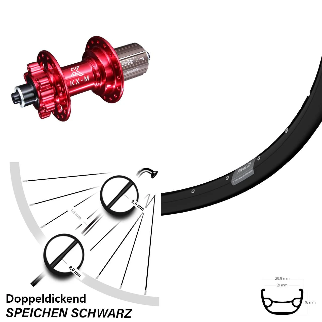 29 Zoll Hinterrad Ryde Rival 21 Mit KX-M HR 6-loch Nabe Rot-eloxiert