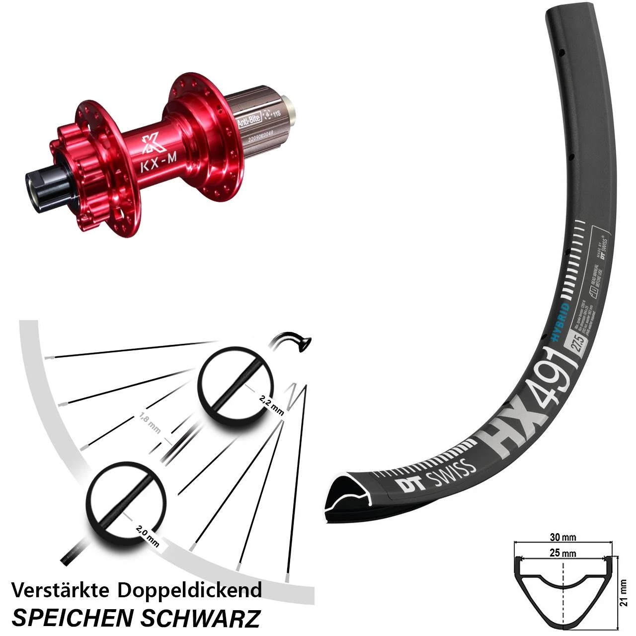 Dt-swiss 29 Zoll Hinterrad KX-M Nabe Rot Eloxiert Steckachse DT Swiss HX 491