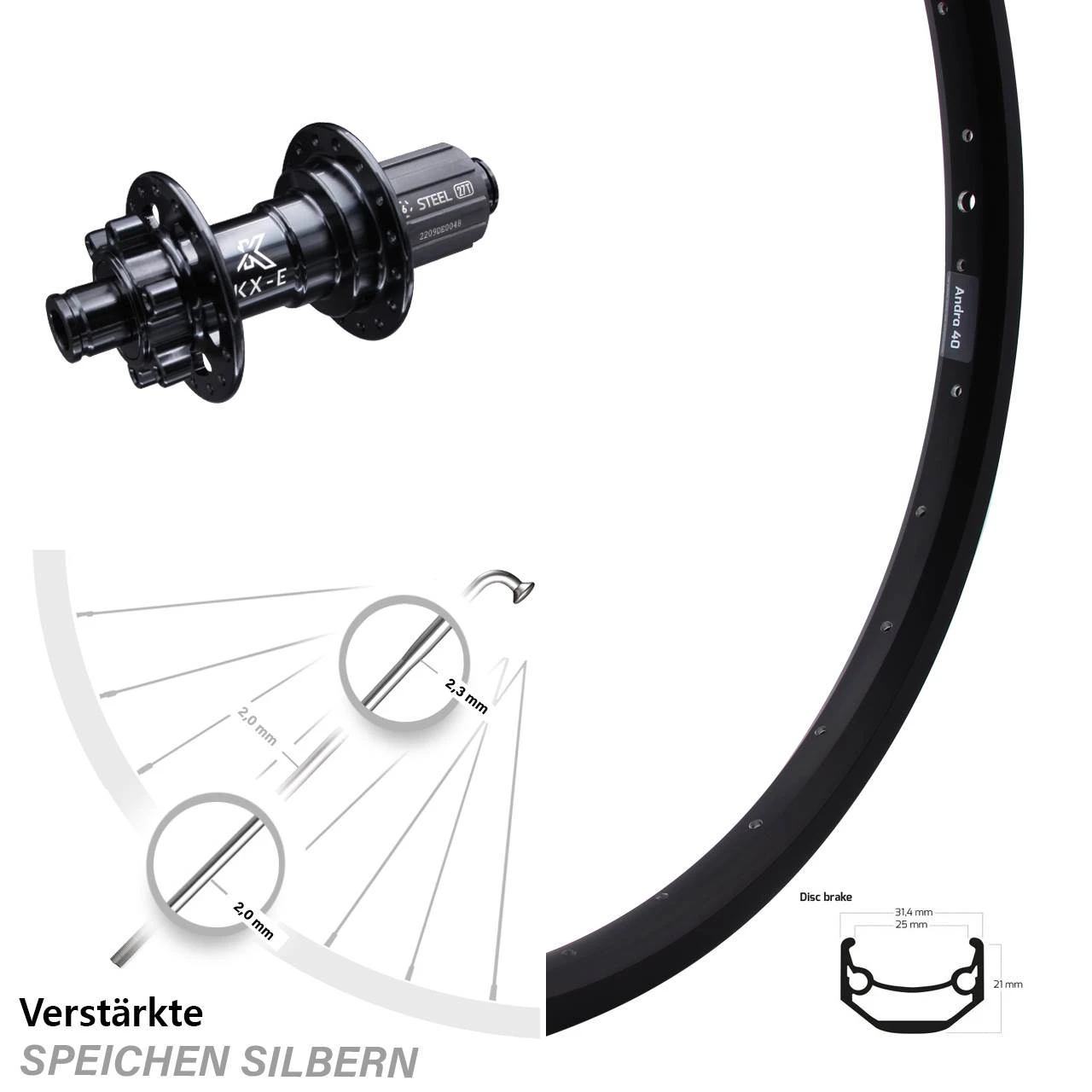 27,5 Zoll Hinterrad KX-E Nabe Schwarz 12x142 Mm 6-Loch 11-fach Ryde Andra 40 Disc