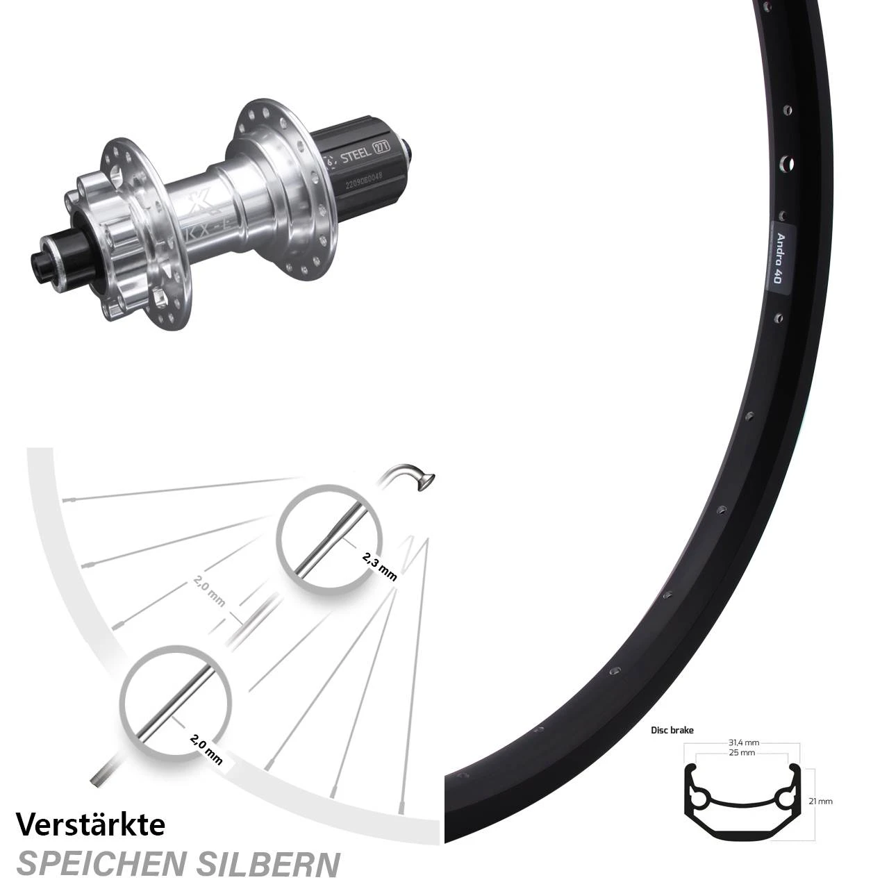 Ryde Andra 40 Disc Hinterrad 27,5 Zoll KX-E Silbern-eloxiert 5x135 Mm