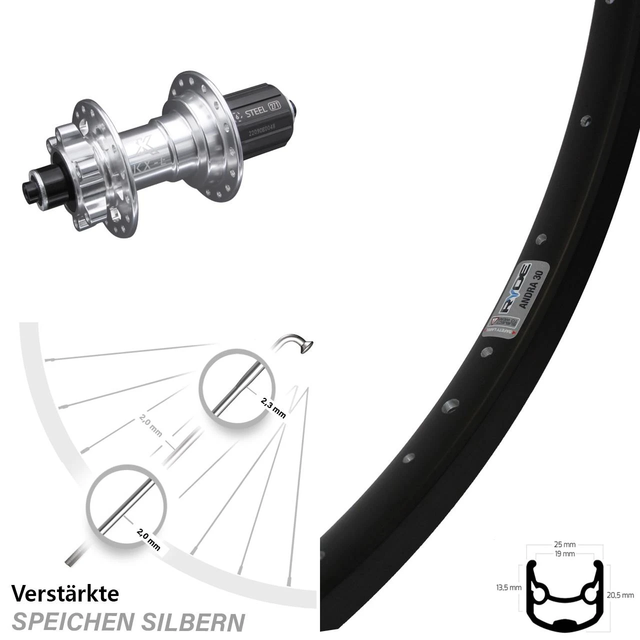 KX-E Nabe Silbern-eloxiert 5x135 Mm Ryde Andra 30 Disc Hinterad 28-29 Zoll