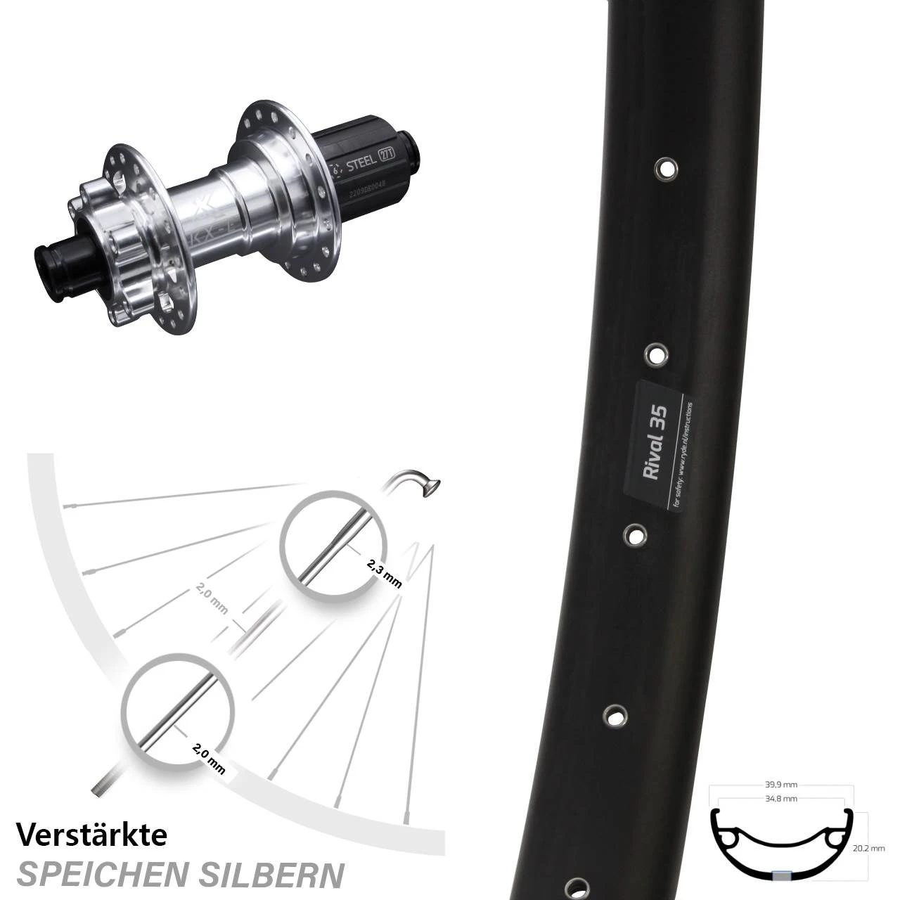 29+ Zoll Hinterrad KX-E Silbern-eloxiert 6 Kugellager Ryde Rival 35 Disc