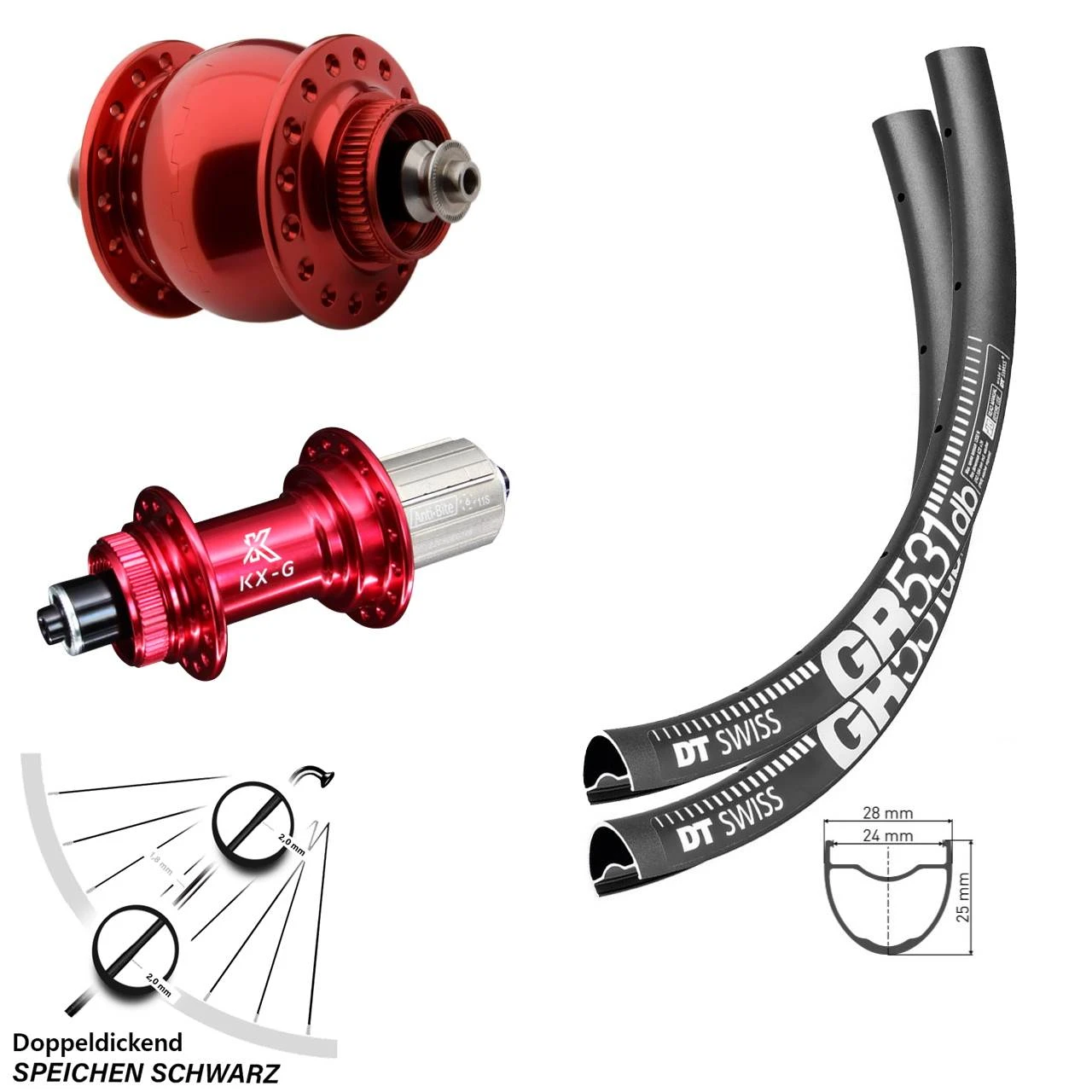 Dt-swiss Laufradsatz 27,5 Zoll DT Swiss GR 531 Nabe KX-G Rot Eloxiert SON 28 Dynamo