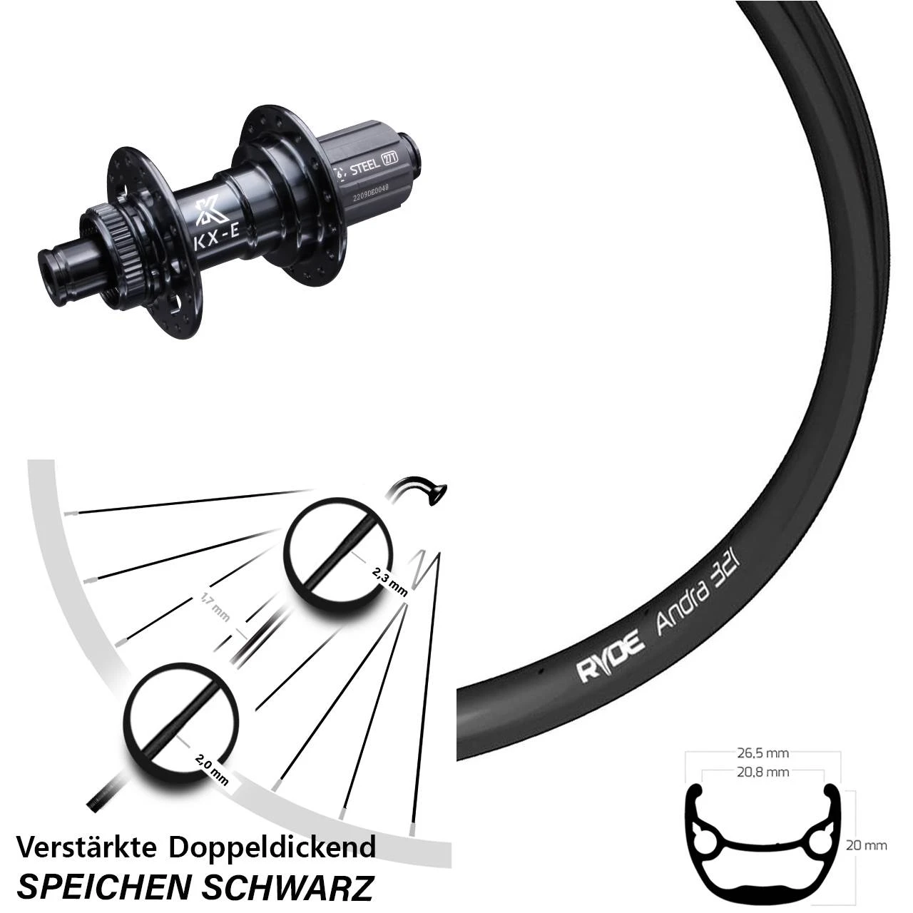 Ryde Andra 321 Hinterrad 27,5 Zoll VerstÀrkt Steckachse KX-E Nabe 11-fach