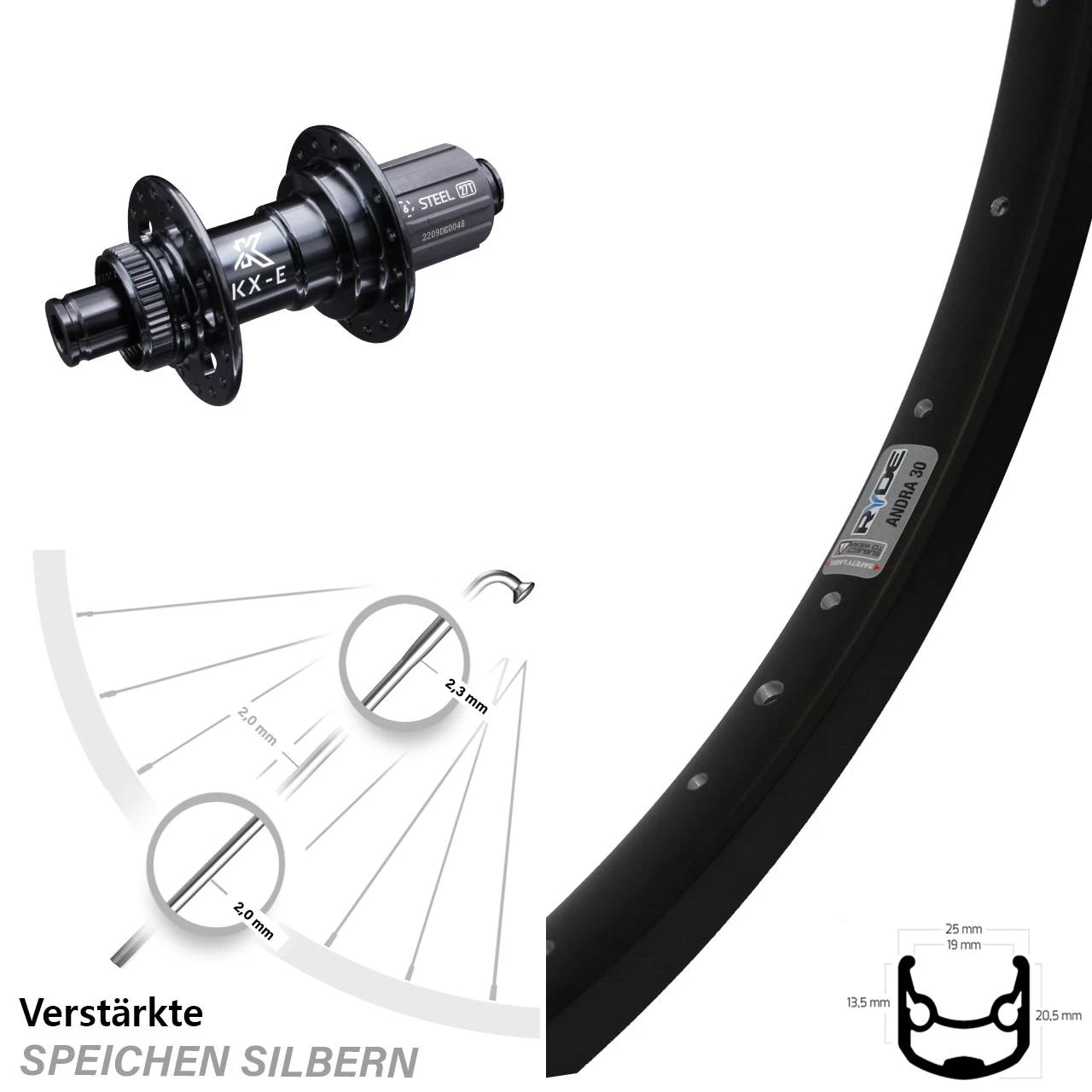 KX-E Nabe Schwarz 12x142 Mm Centerlock 11-fach Ryde Andra 30 Disc Hinteres Rad 28-29 Zoll