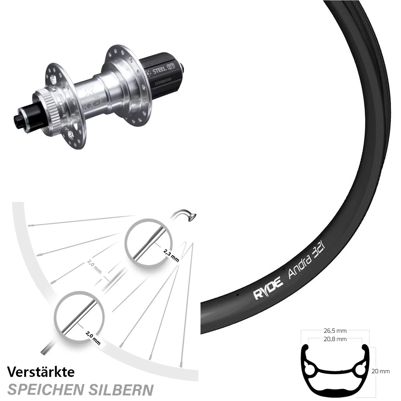 Ryde Andra 321 Hinterrad 28-29 Zoll Mit KX-E Nabe Silbern 5x135 Mm Centerlock VerstÀrkt