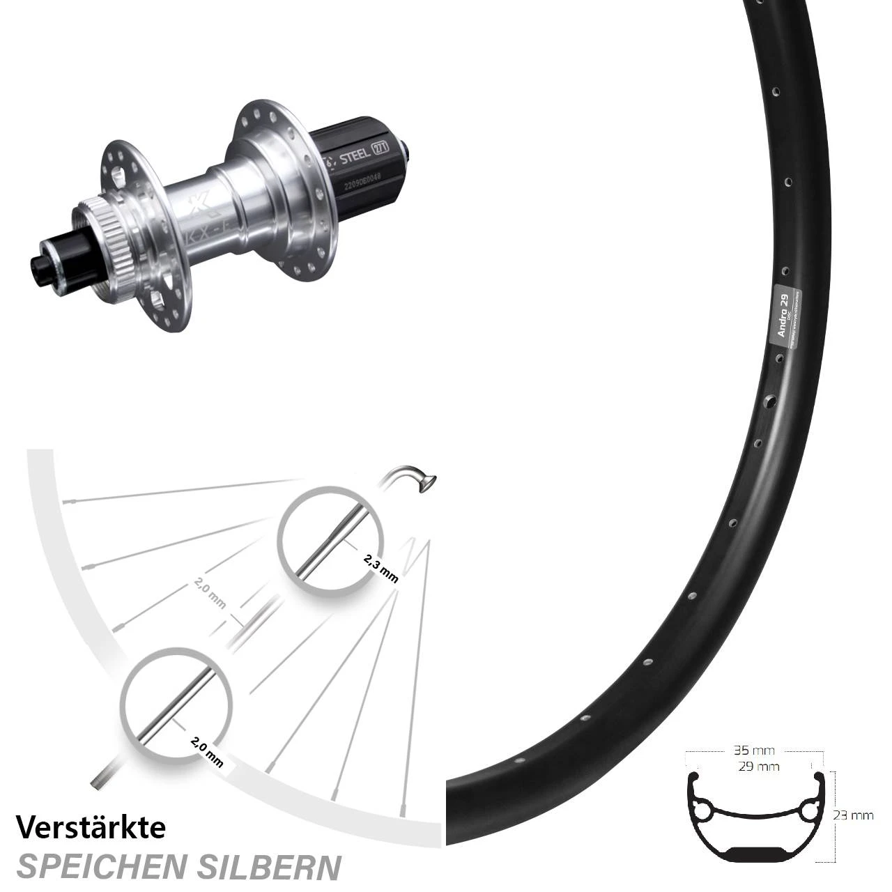 Ryde Andra 29 Zoll Hinterrad VerstÀrkt Mit KX-E Nabe Silbern 5x135 Mm Centerlock 11-fach