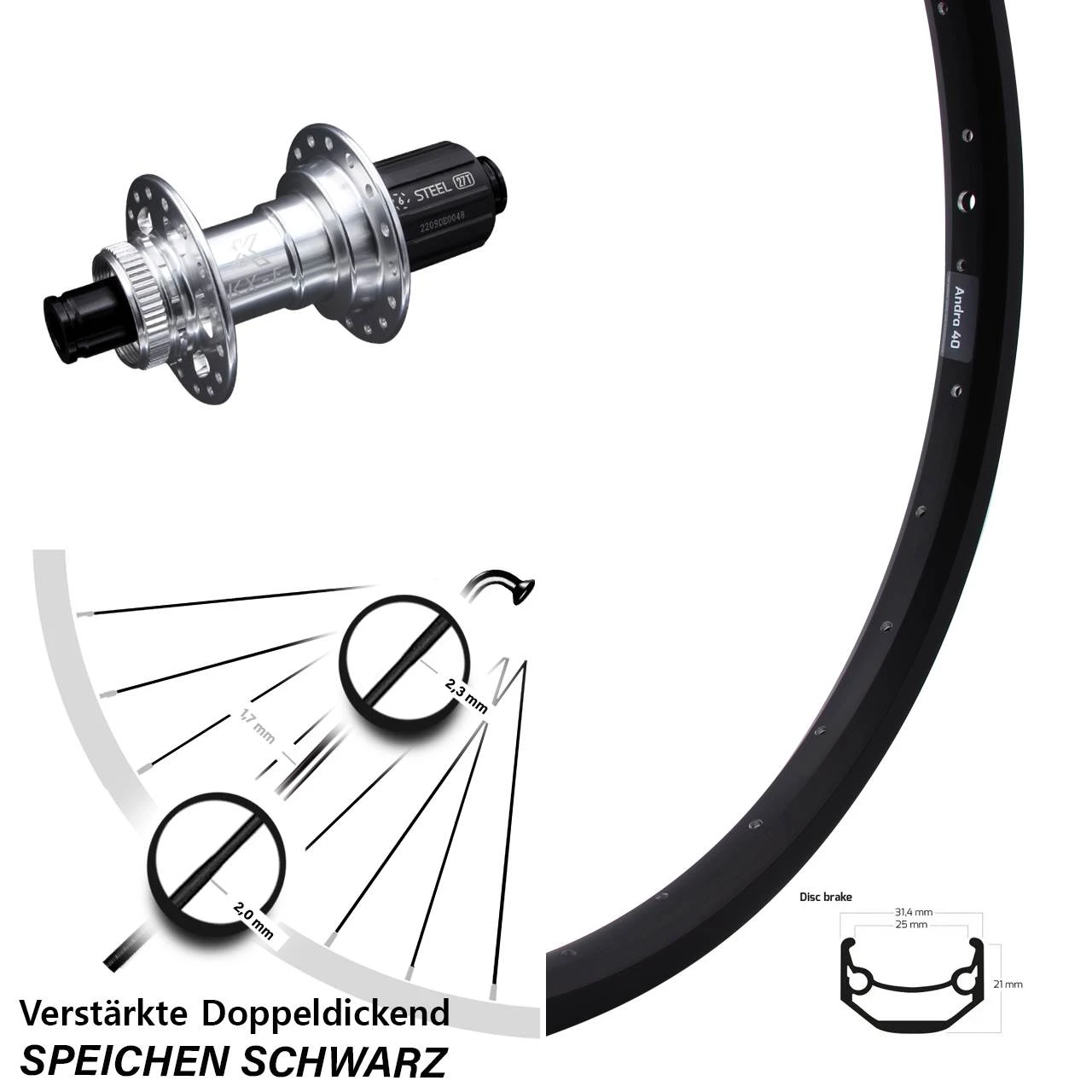 Ryde Andra 40 Disc Hinterrad 26 Zoll Mit VerstÀrkter KX-E Nabe 12x142 Mm