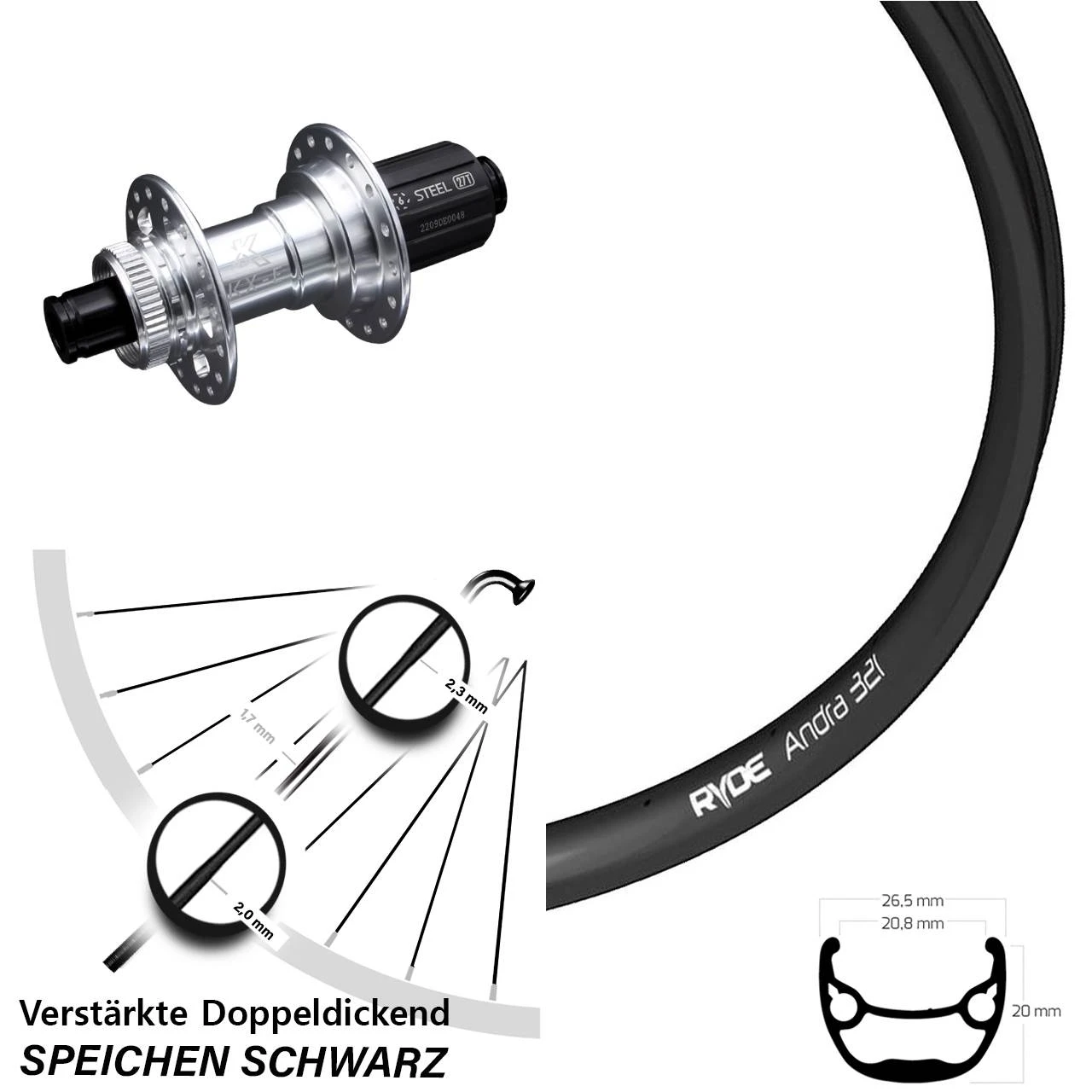 Ryde Andra 321 Hinterrad 27,5 Zoll VerstÀrkt Steckachse KX-E