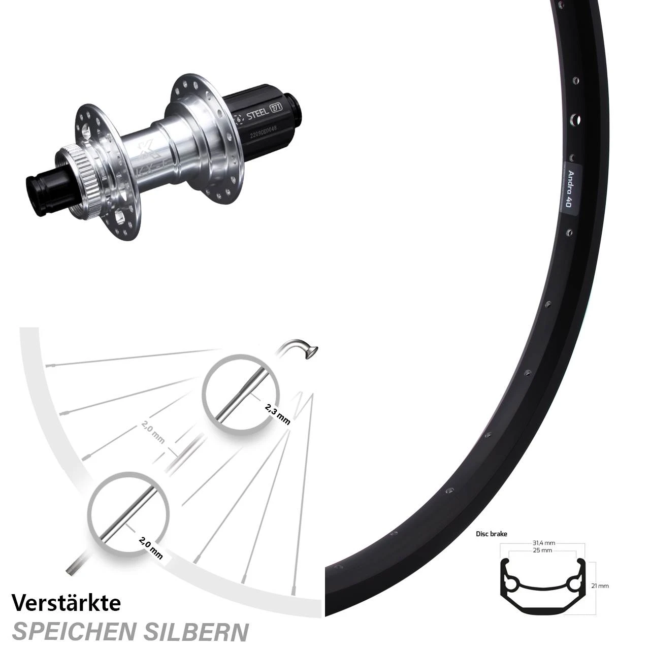 KX-E Nabe Silbern-eloxiert Centerlock Ryde Andra 40 Disc Hinterrad 26 Zoll