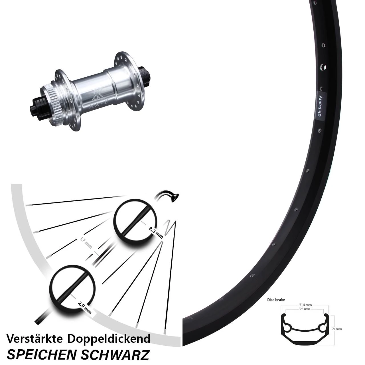 KX-E Schnellspanner Ryde Andra 40 Disc Vorderrad 20 Zoll Centerlock