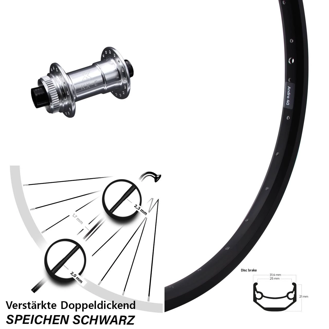 Ryde Andra 40 Disc Vorderrad 28-29 Zoll Mit KX-E Steckachse 15x100 Nabe Silbern-eloxiert