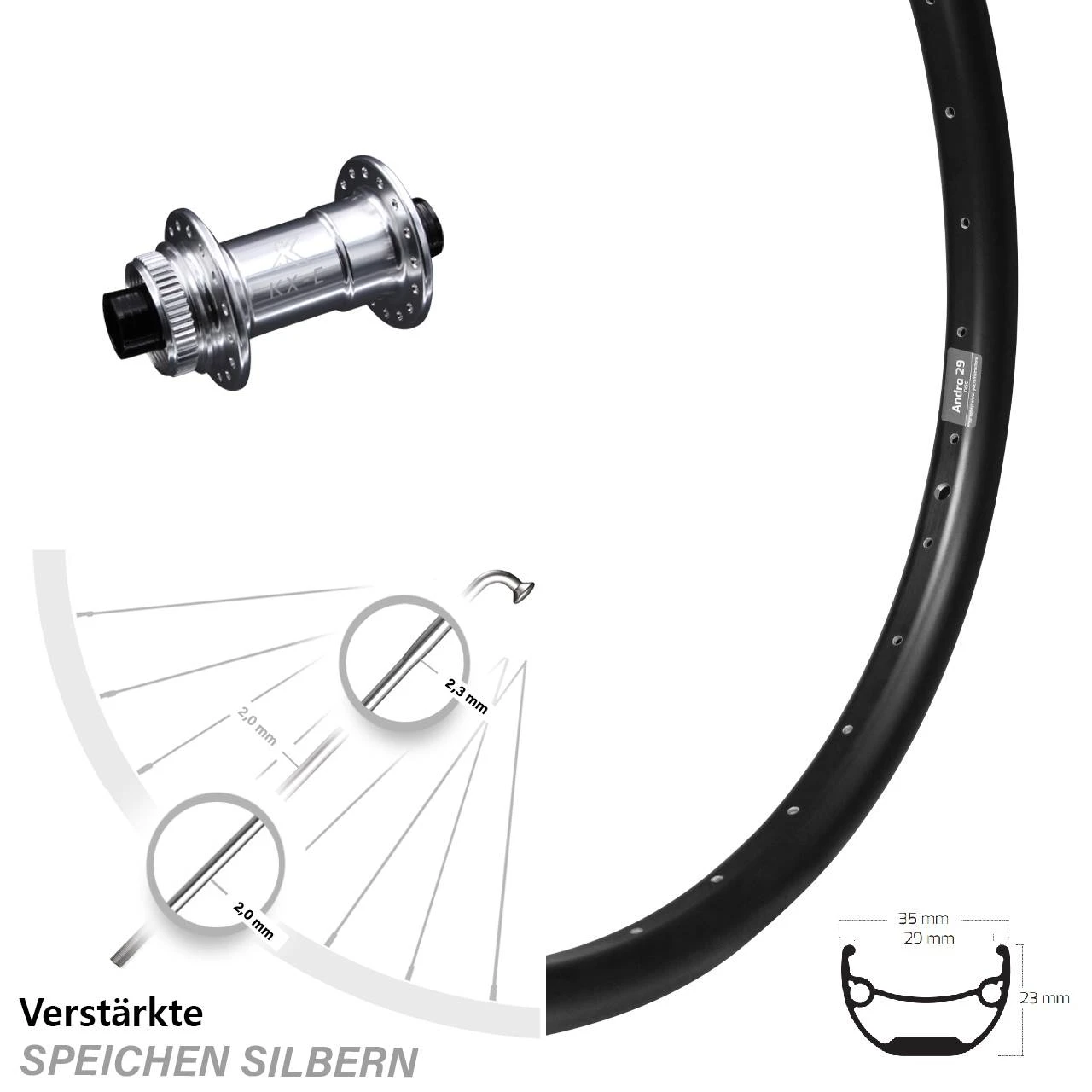 Vorderrad Ryde Andra 29 Zoll Mit KX-E Nabe Centerlock 15x100 Mm Silbern 4-fach Gelagert